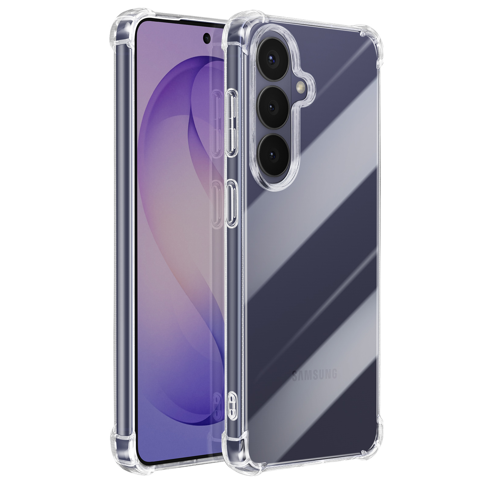 Une coque de téléphone transparente avec coins renforcés protège un smartphone.