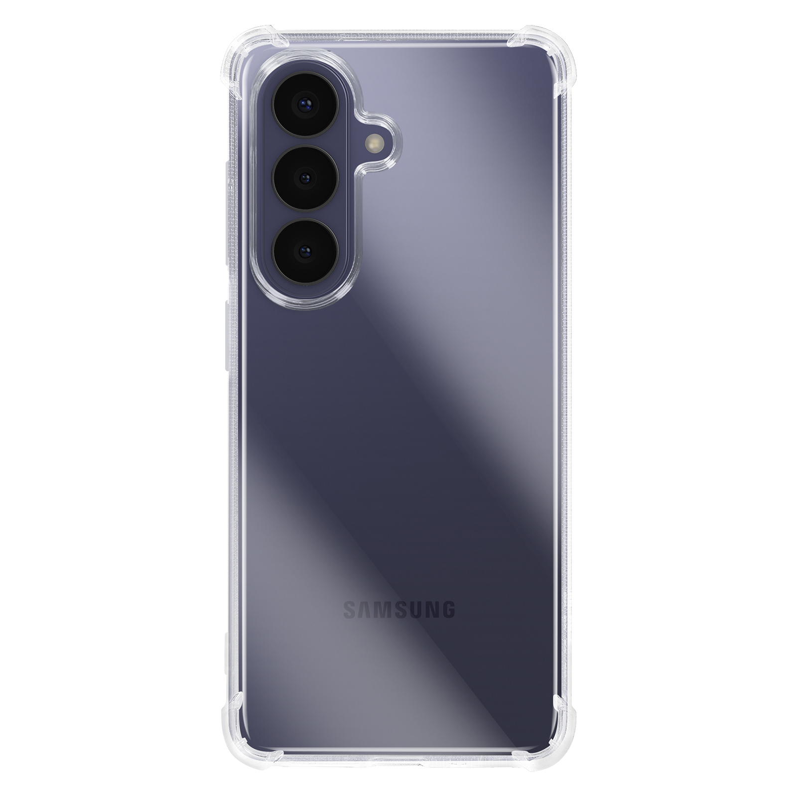 Une coque de téléphone transparente avec trois caméras et le logo Samsung.