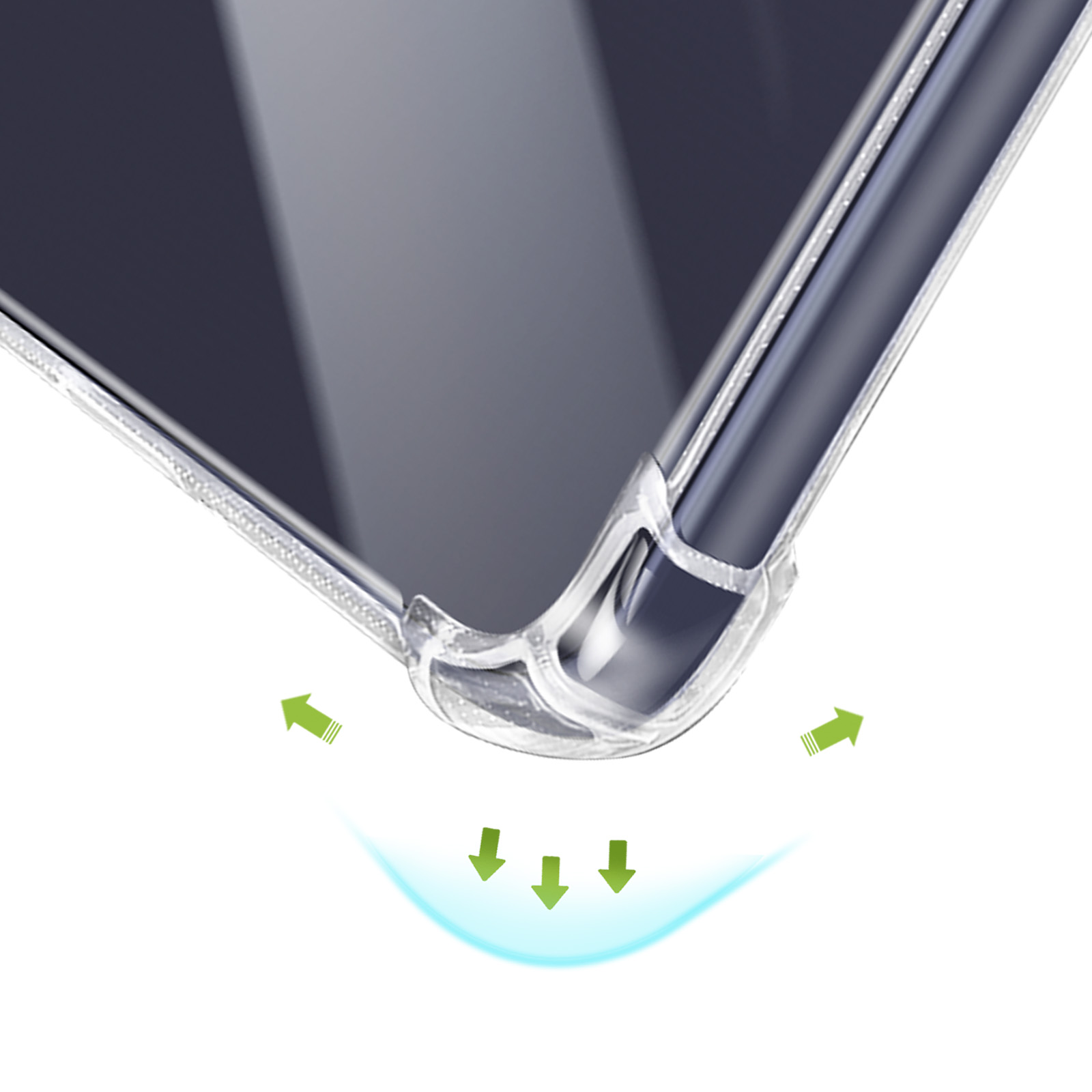 Gros plan du coin d'une coque de téléphone transparente. Des flèches vertes indiquent l'absorption des chocs.