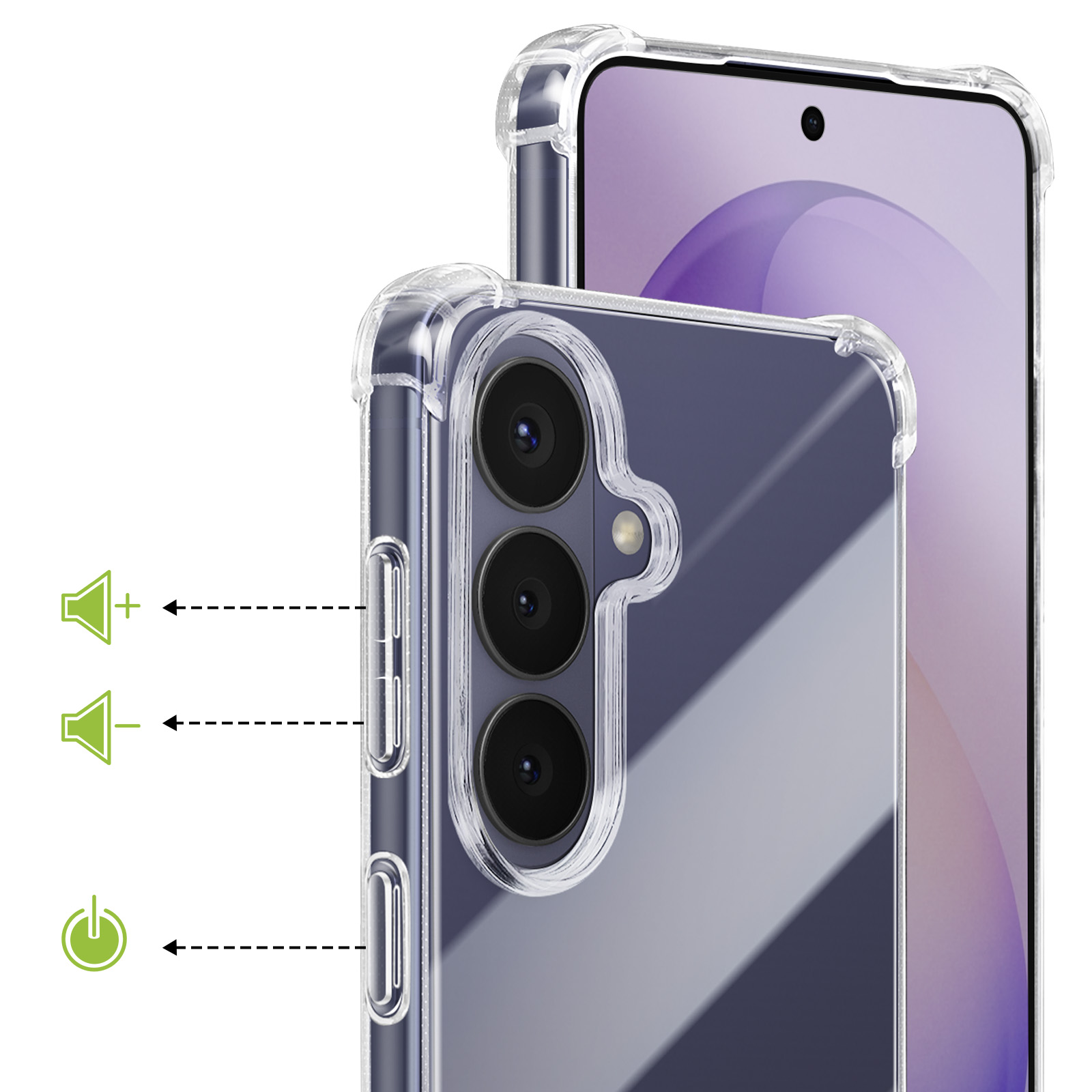 Coque de téléphone transparente avec boutons de volume et d'alimentation mis en évidence par des icônes.