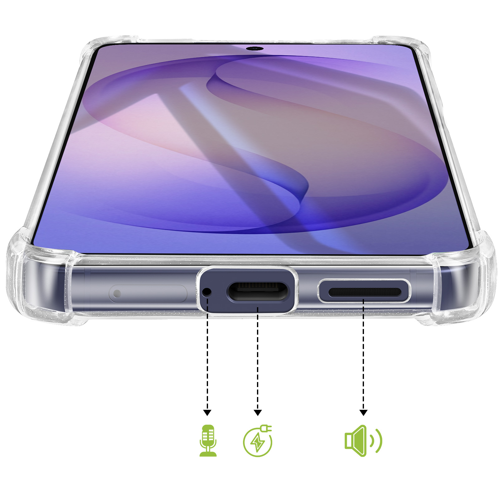 Une coque de téléphone transparente montre microphone, port de charge et haut-parleur en bas.