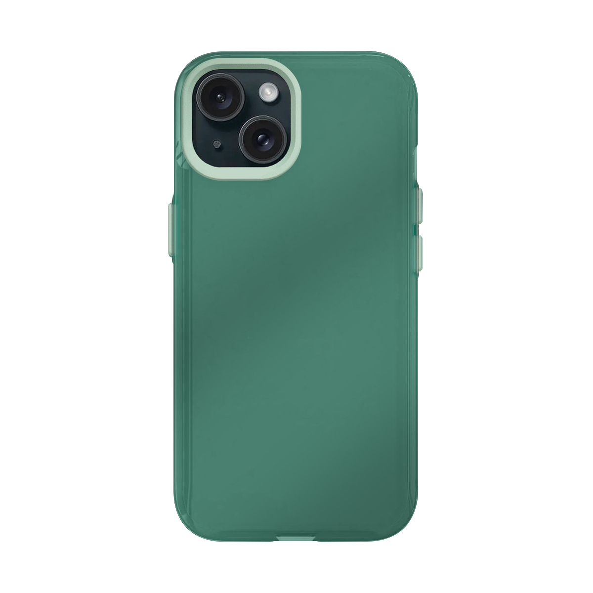 Une coque verte pour iPhone avec un contour vert clair autour de la découpe de la caméra.