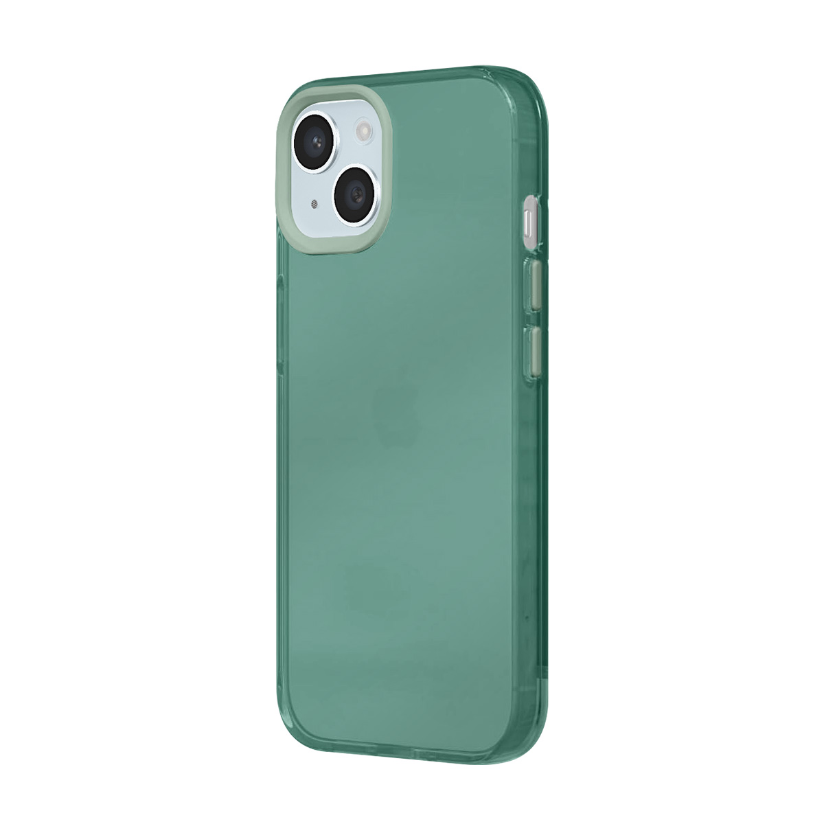 Coque de téléphone verte avec deux caméras et anneau argenté, sur fond blanc.