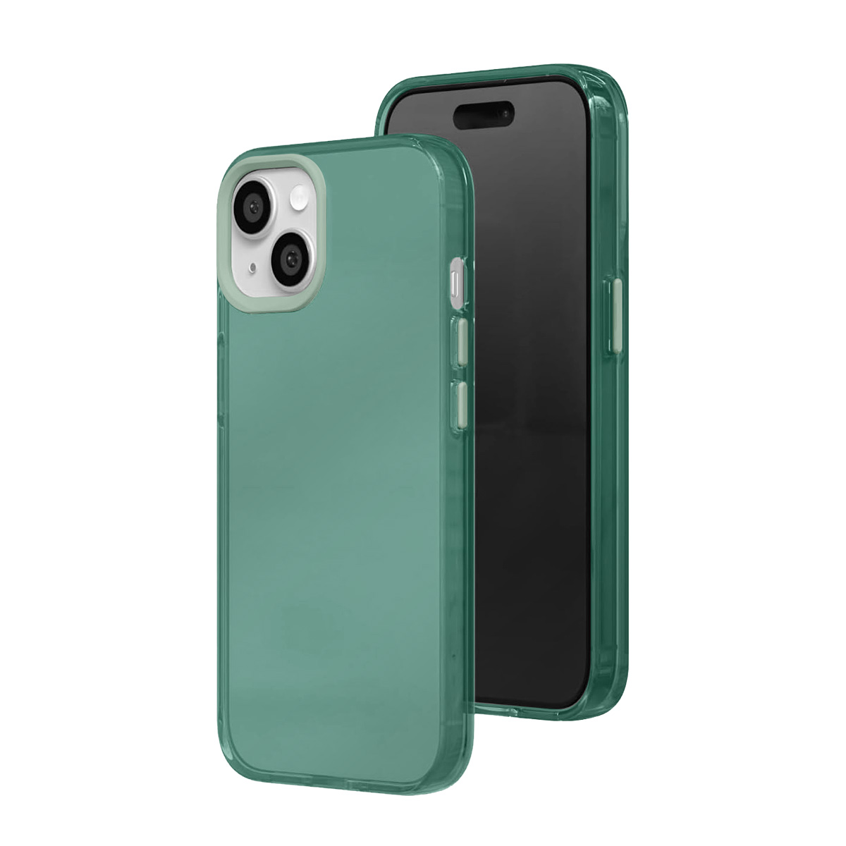 Une coque de téléphone vert sarcelle est posée devant un téléphone assorti.