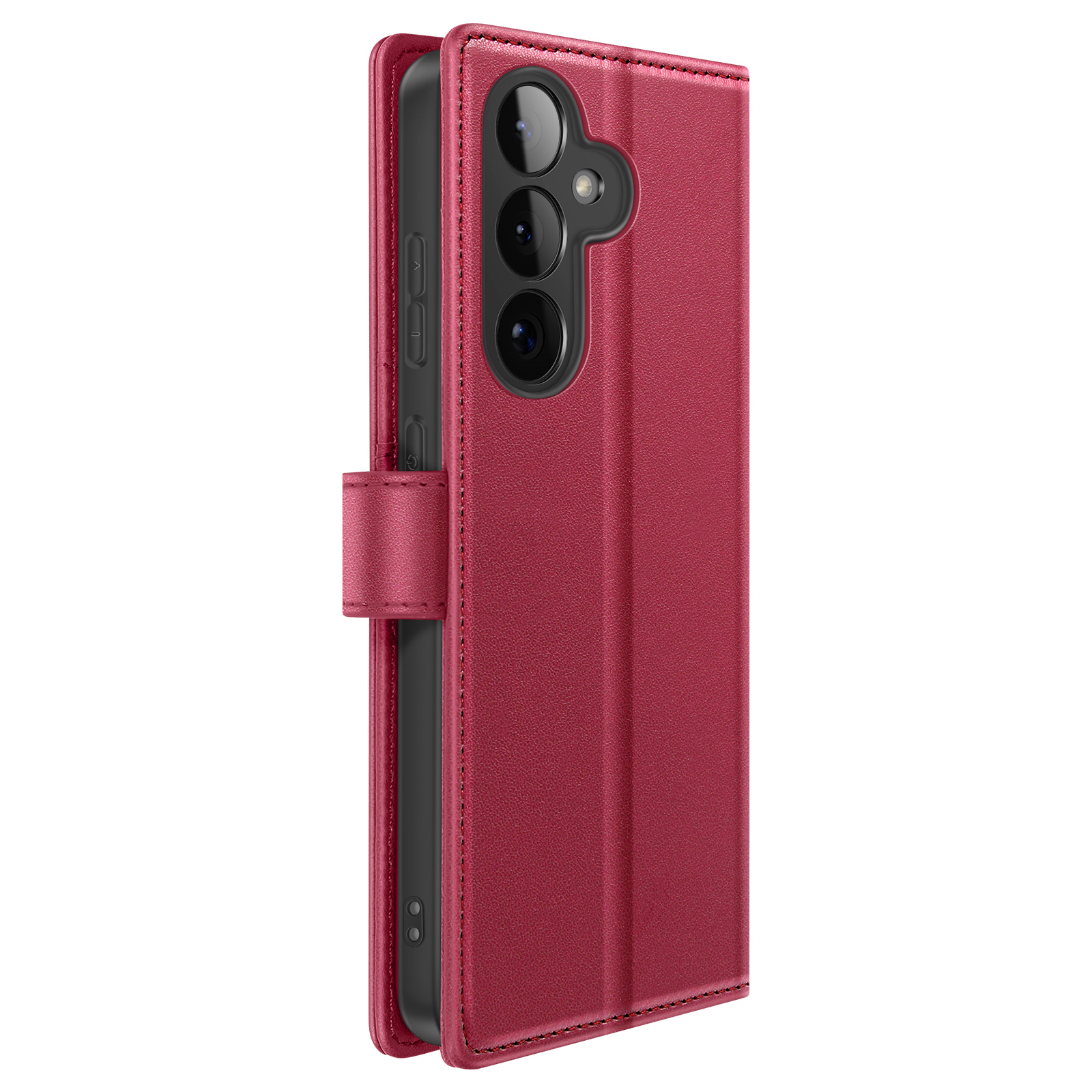 Una custodia per telefono in pelle rossa con tre fotocamere.