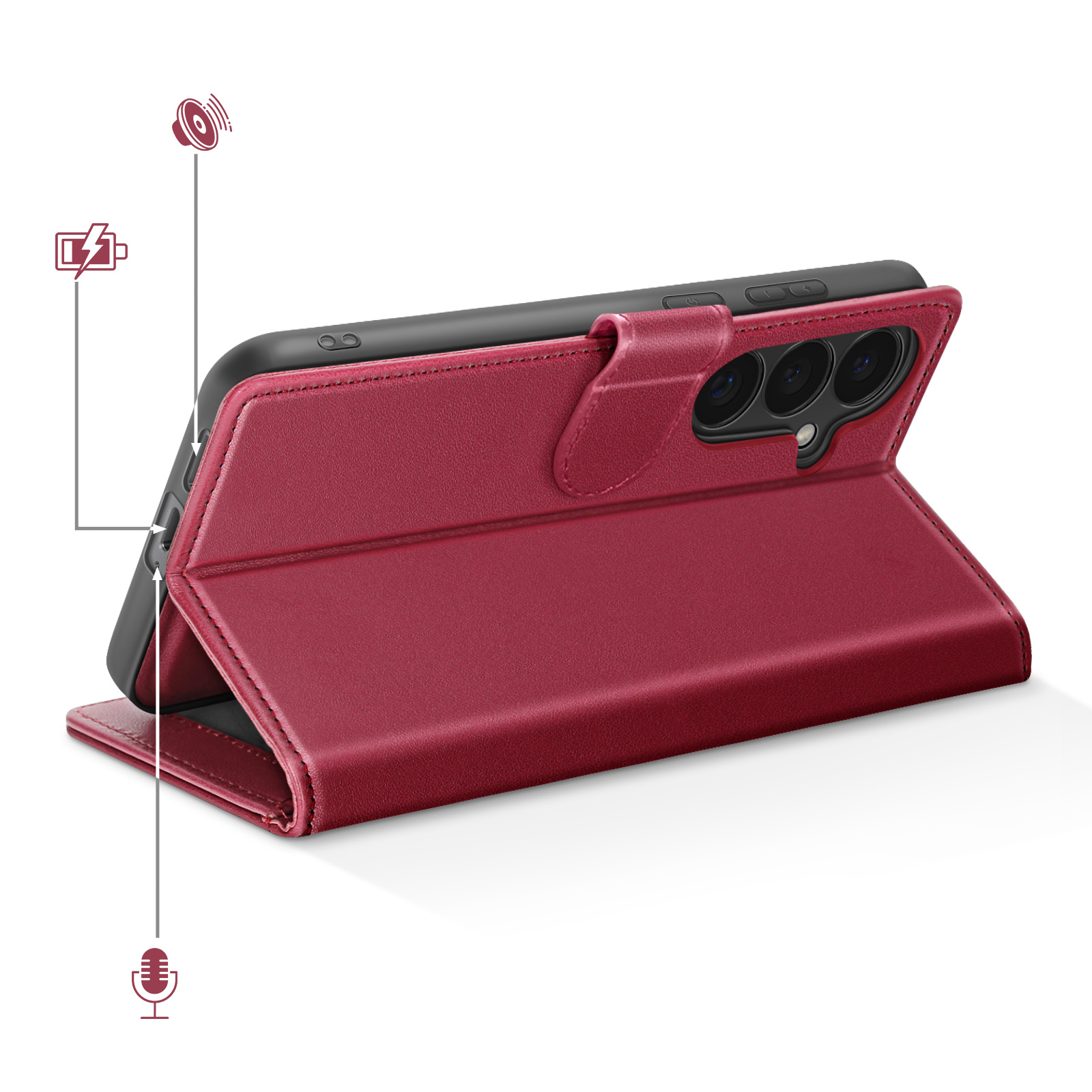 Una custodia per telefono rosso scuro con tre fotocamere e icone volume/microfono.