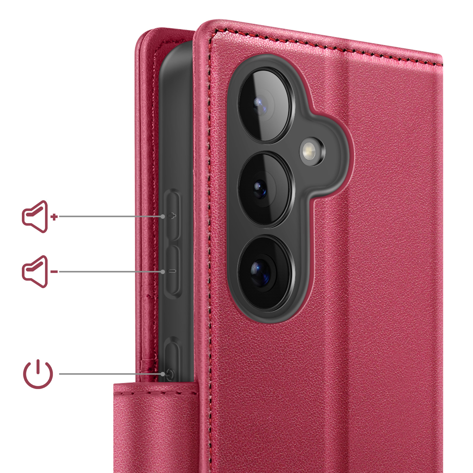 Custodia rossa per telefono con tre fotocamere e tasti volume.
