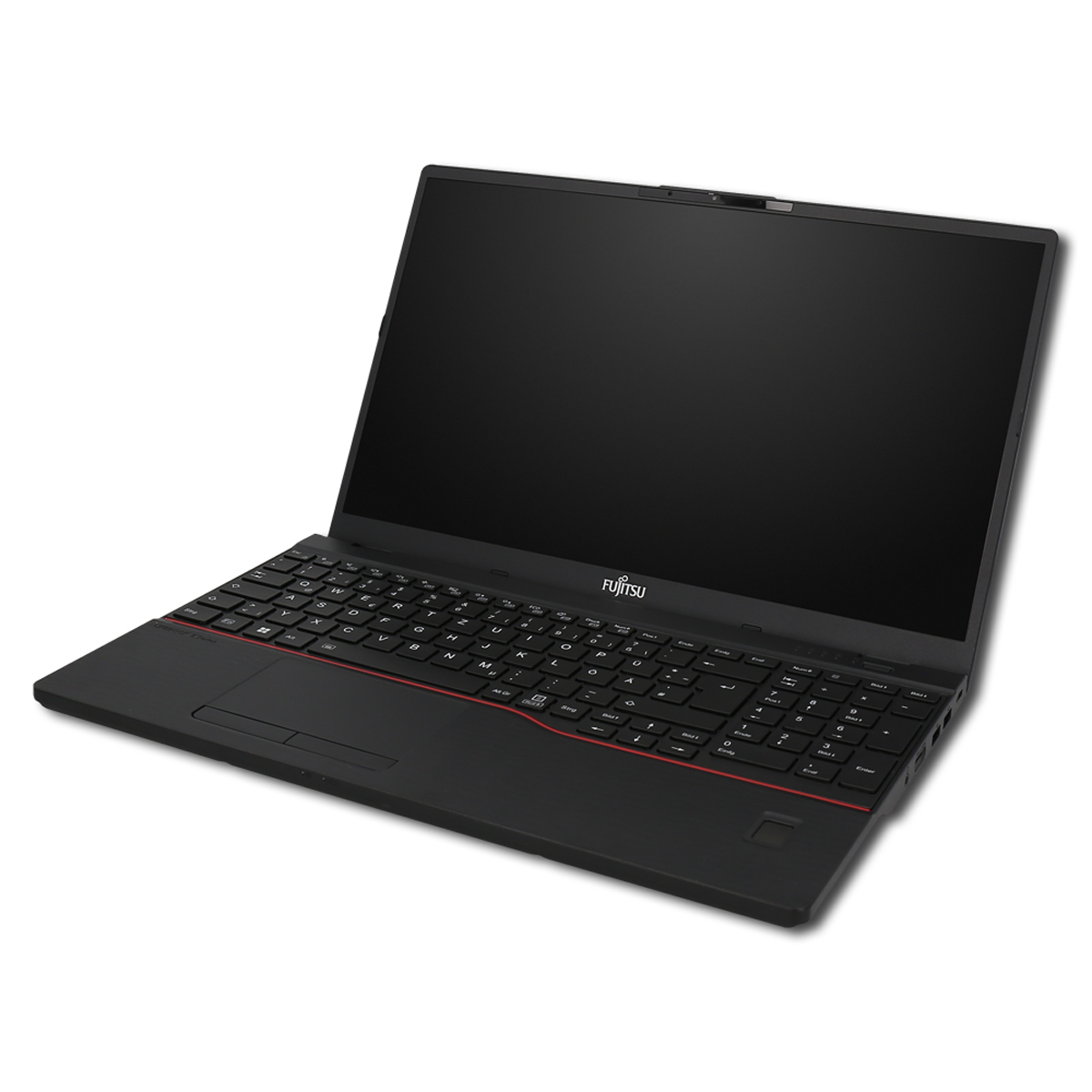 Schwarzer Fujitsu Laptop mit Tastatur, Touchpad und Bildschirm.