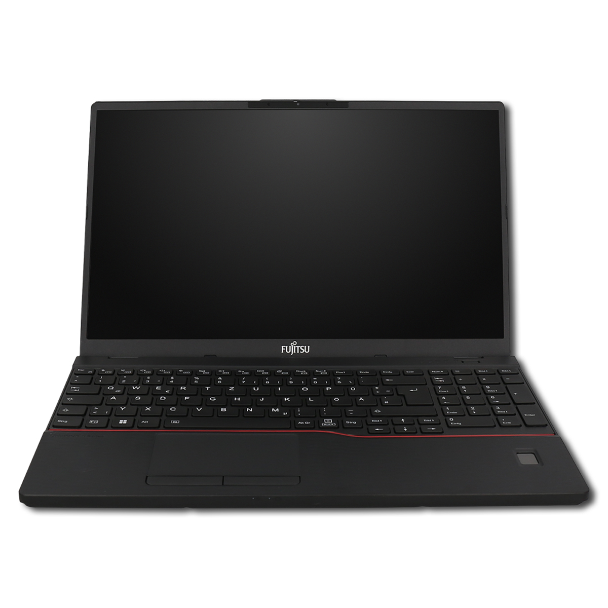 Schwarzer Fujitsu Laptop mit Tastatur, Touchpad und leerem Bildschirm.