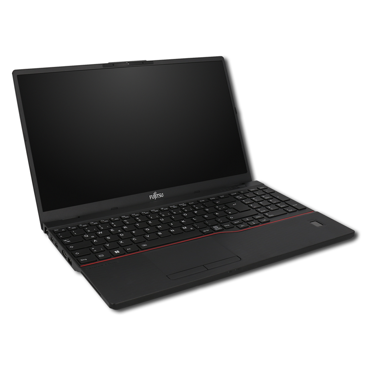 Schwarzer Fujitsu Laptop mit Tastatur und leerem Bildschirm, auf weißem Hintergrund.