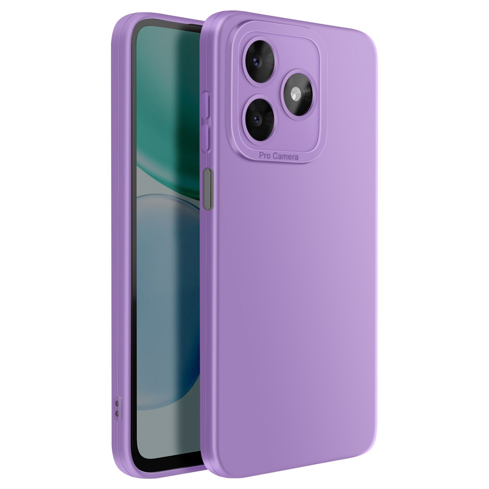 Een paarse telefoonhoes met drie cameralenzen en de tekst 