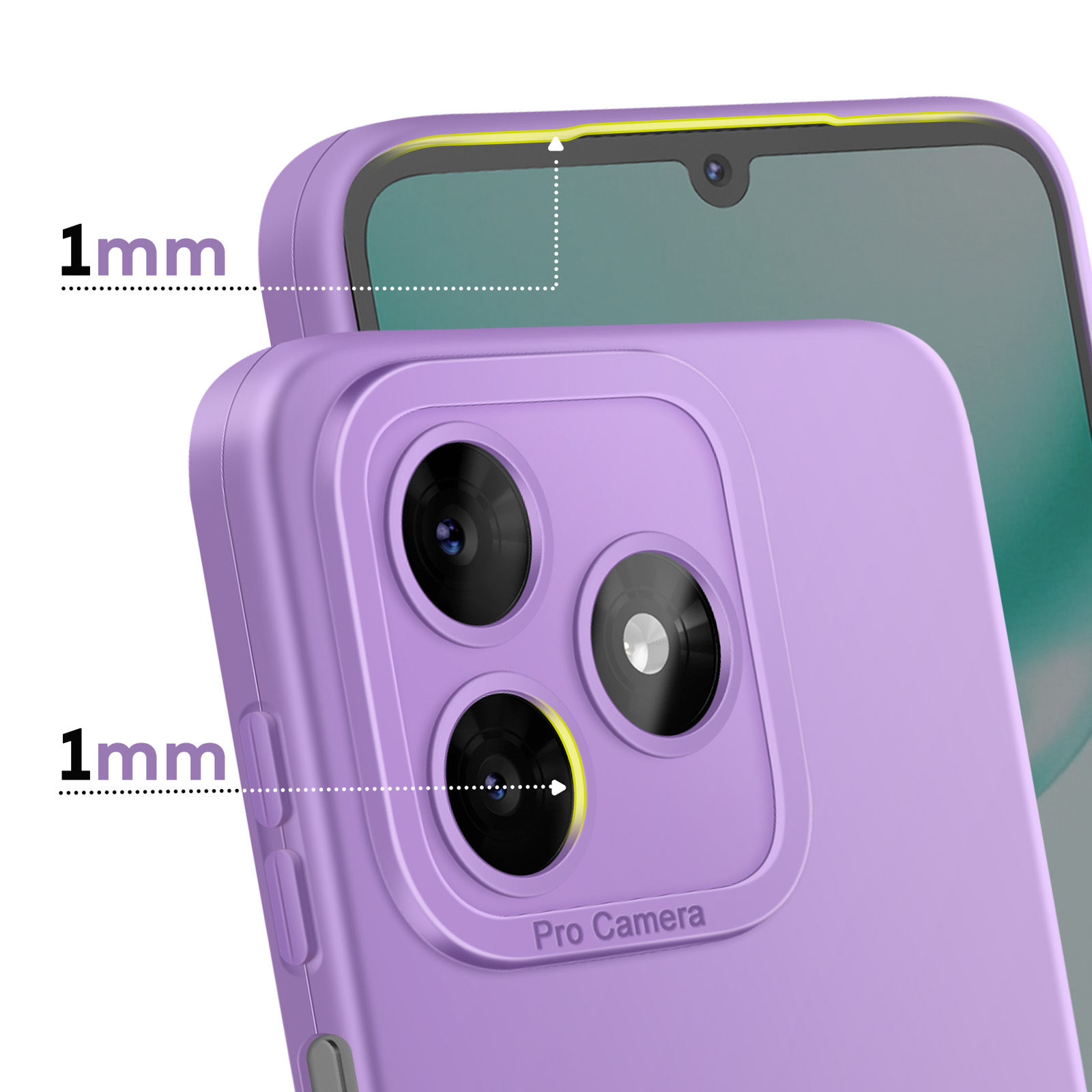 Een paarse telefoonhoes met een 1 mm verhoogde rand rond het scherm en de camera.