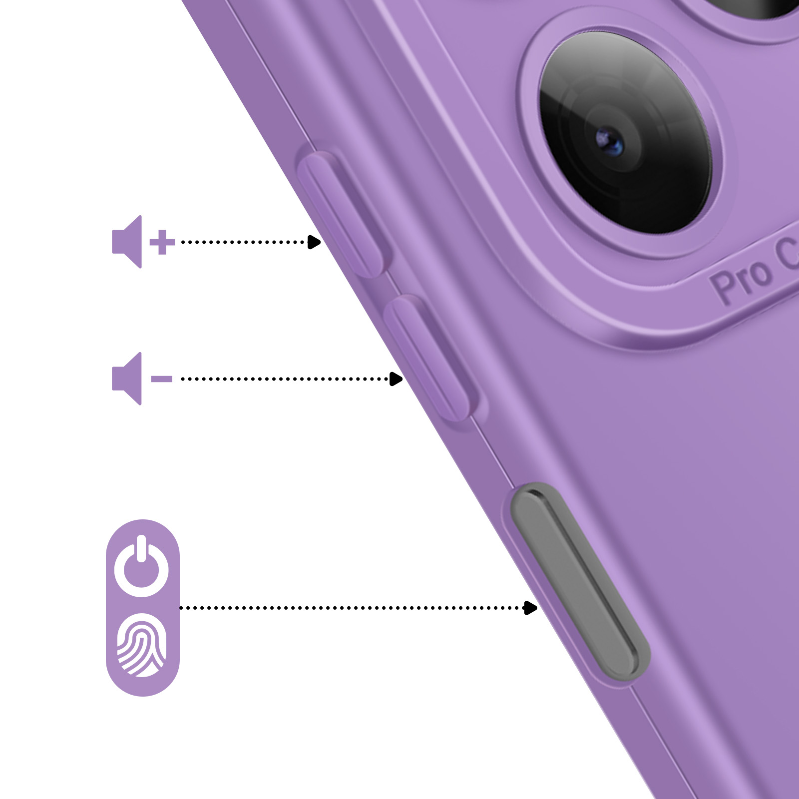 Paarse telefoonhoes met pictogrammen voor volume, aan/uit en vingerafdruksensor.
