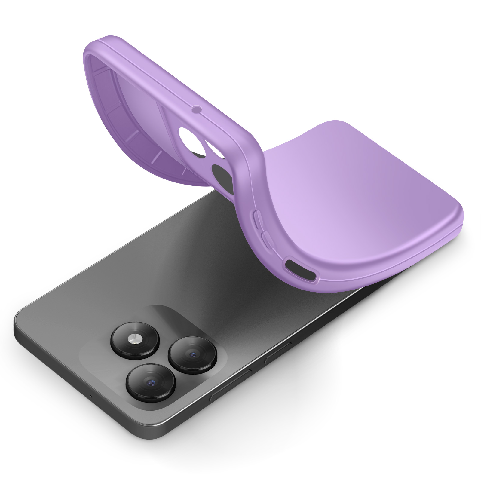 Een paars telefoonhoesje ligt op een zwarte smartphone met drie camera's.