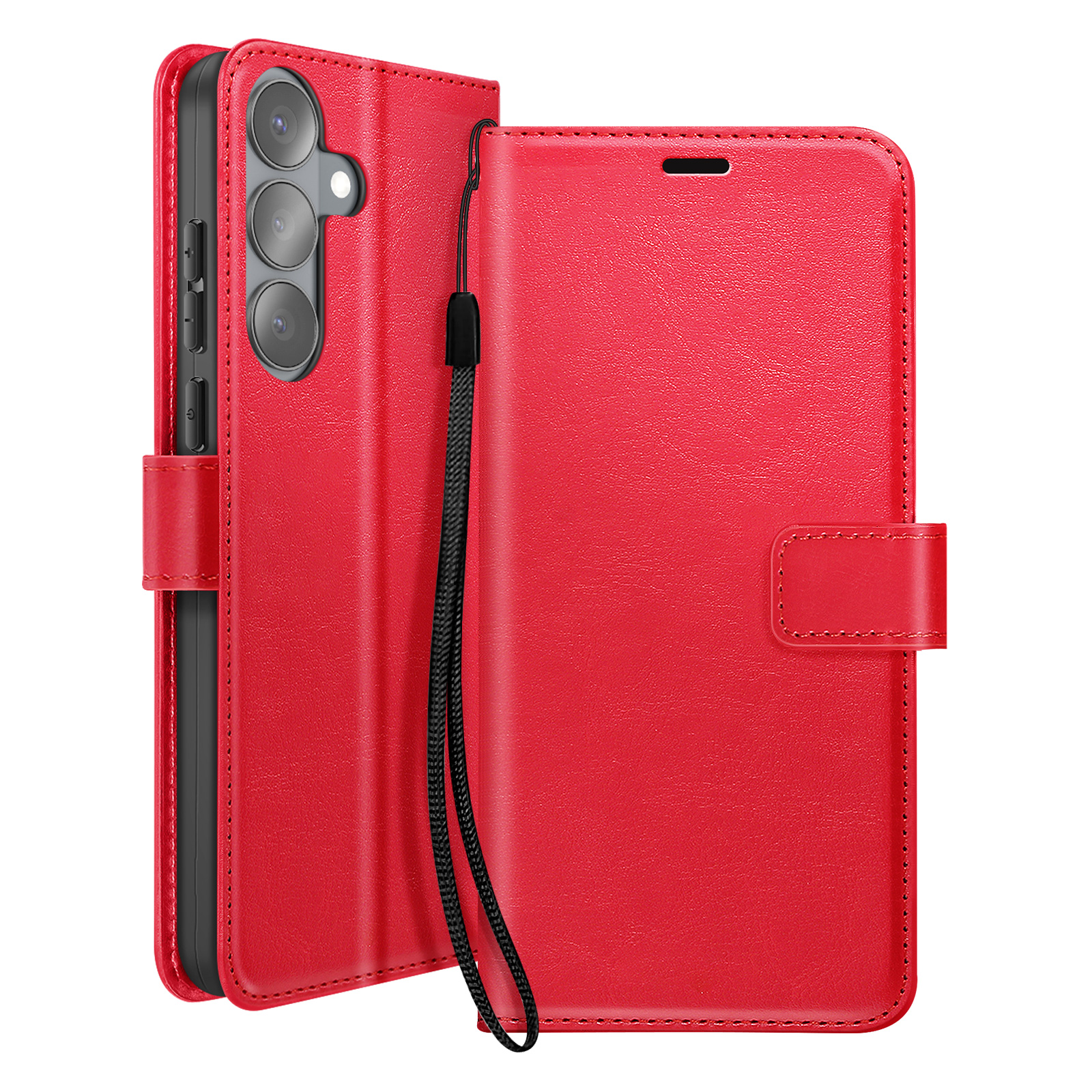 Custodia rossa per telefono con ritaglio fotocamera e laccetto.