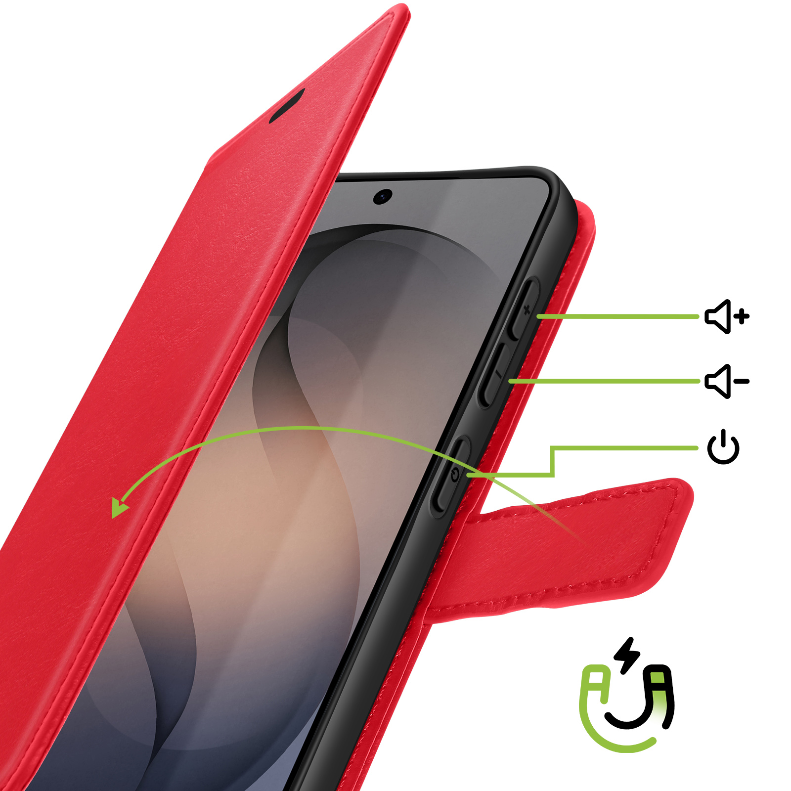 Custodia rossa per telefono con flip cover, tasti volume e accensione.