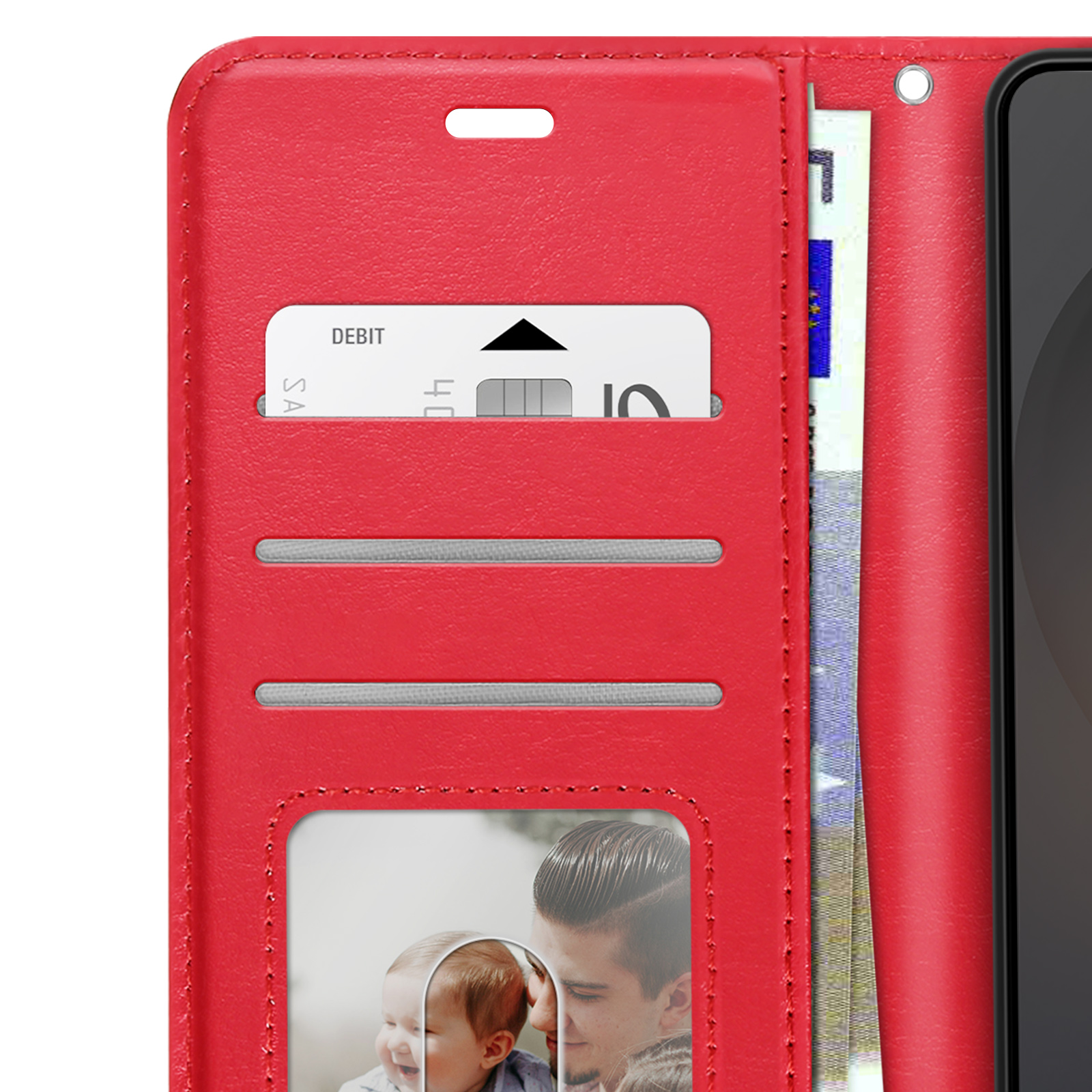 Custodia a portafoglio rossa con slot per carte, foto e slot per denaro. Un telefono è visibile a destra.