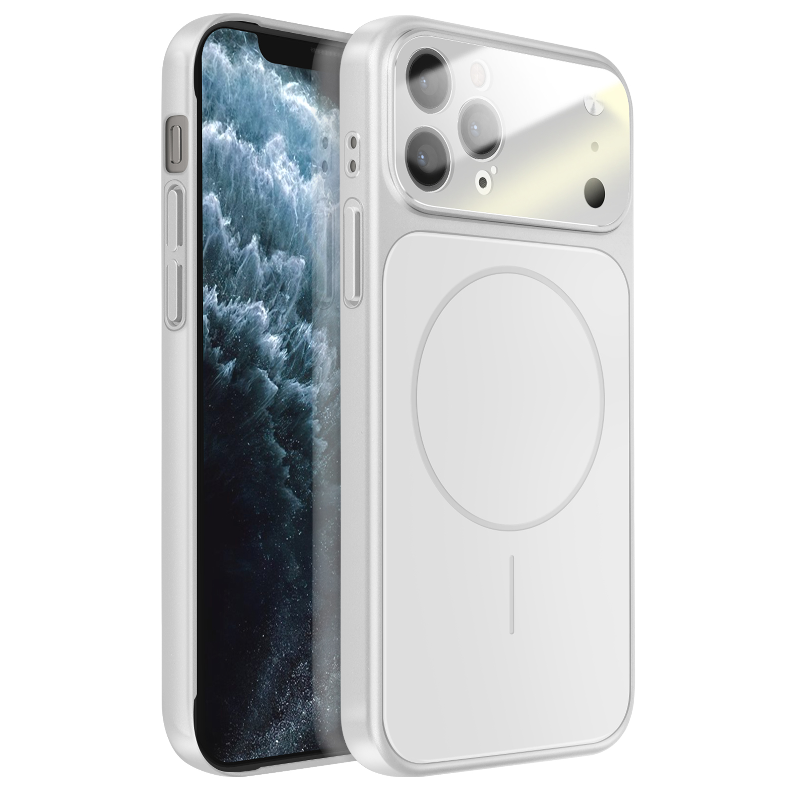 Un téléphone blanc dans un étui blanc avec trois caméras au dos.
