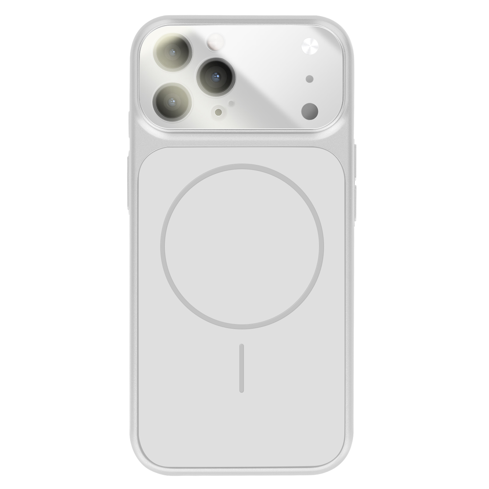 Une coque blanche pour iPhone avec trois caméras et un cercle de charge magnétique.