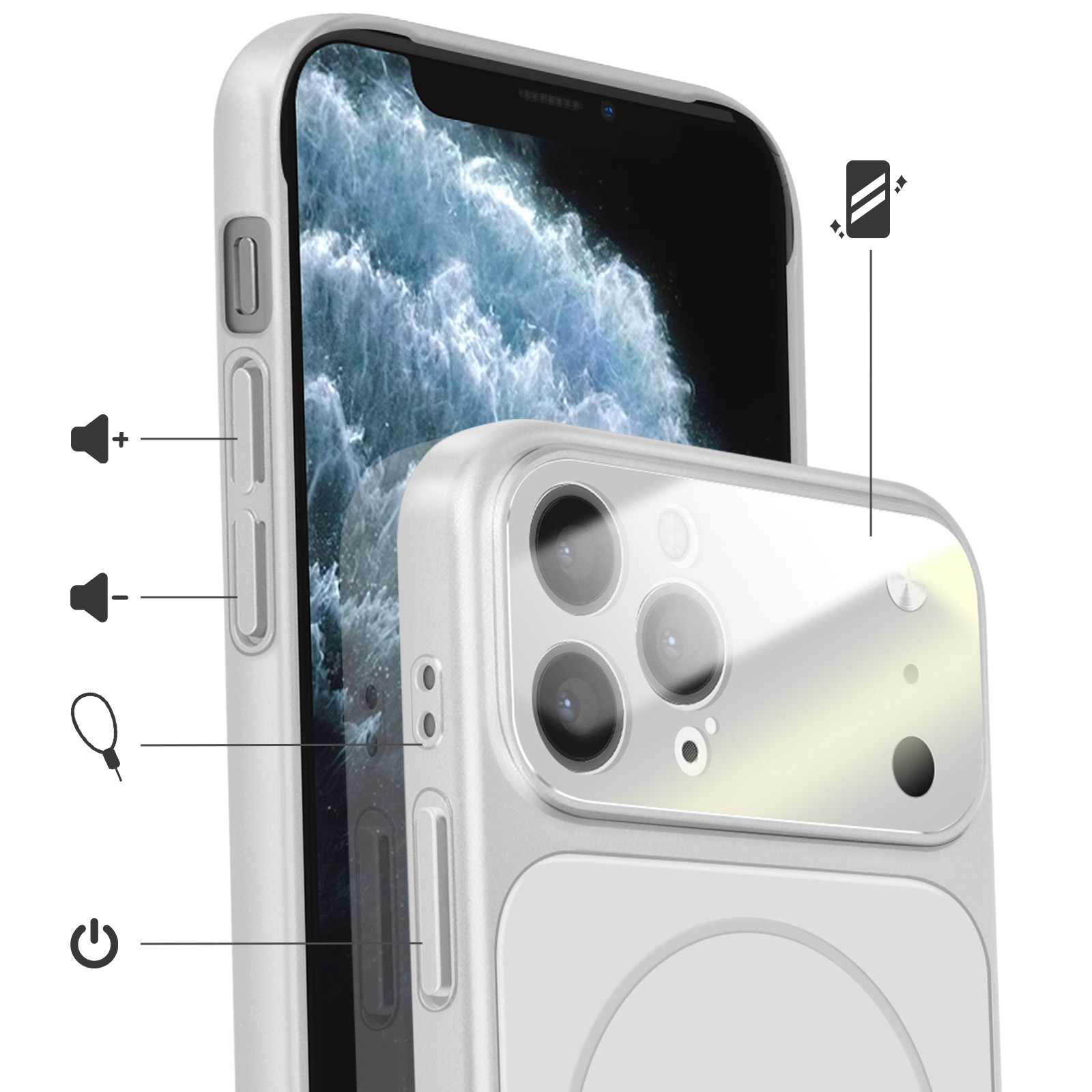 Un smartphone blanc avec un module caméra et des boutons mis en avant.