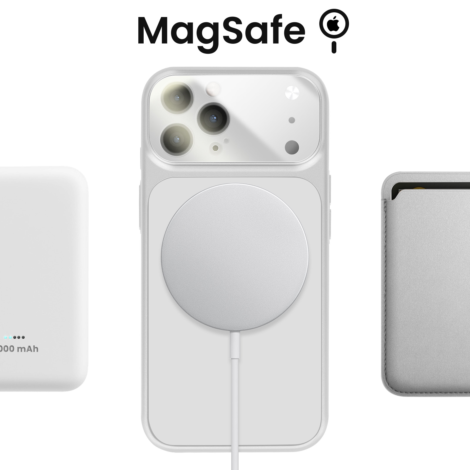 Logo MagSafe avec étui iPhone, batterie externe et porte-cartes.