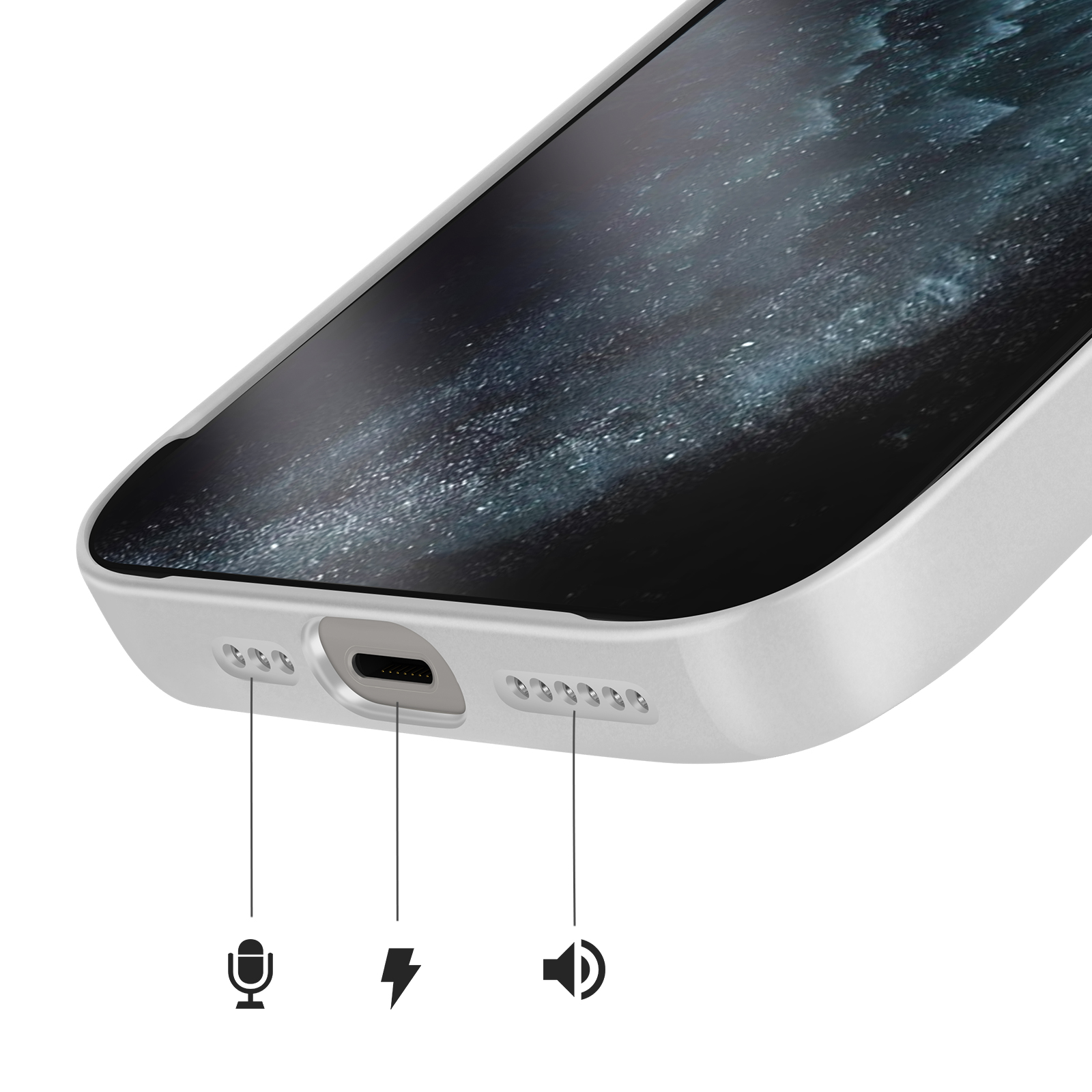 Gros plan du bas d'un smartphone blanc, montrant le port de charge et les grilles.