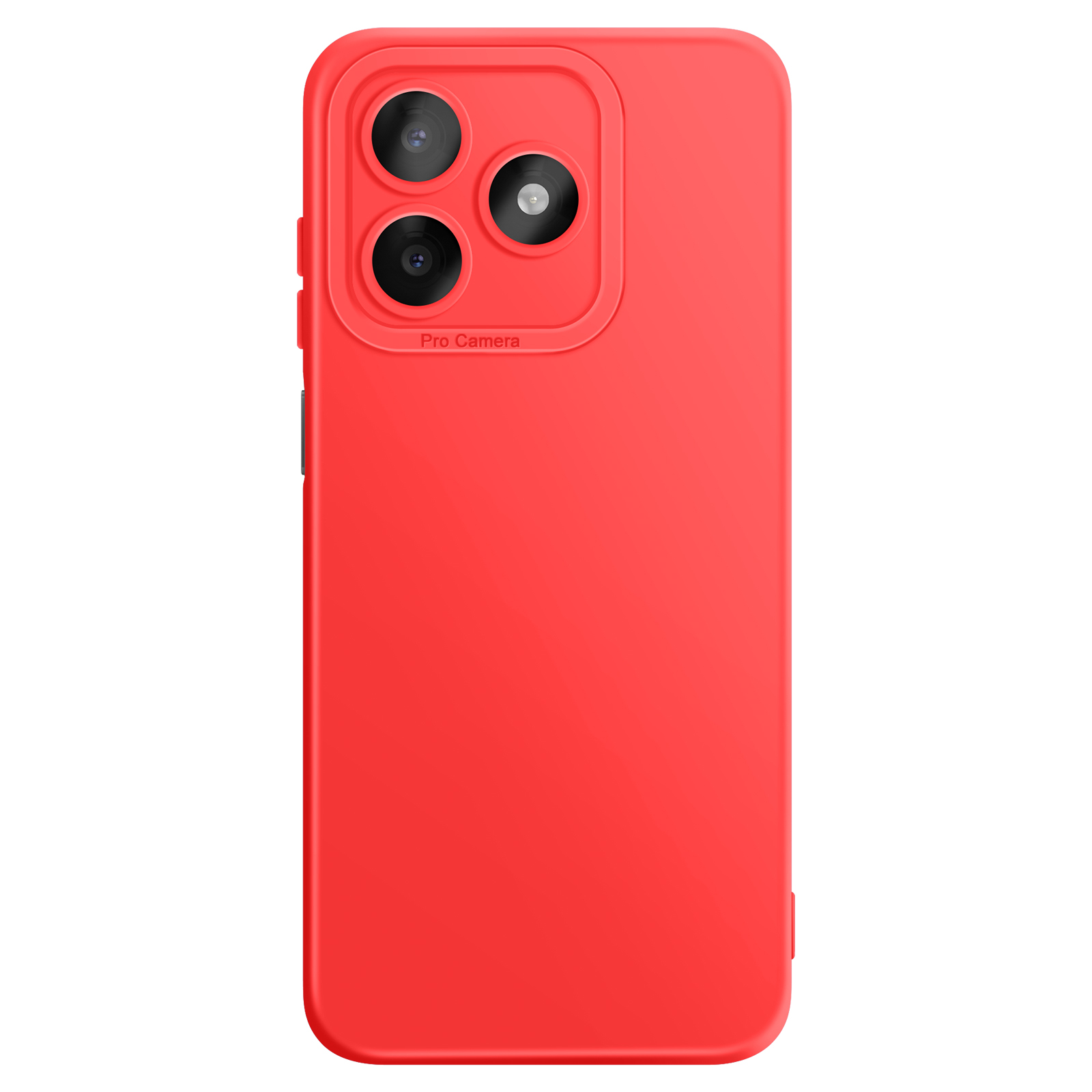 Een rode telefoonhoes met een camera-module met drie lenzen en "Pro Camera"-tekst.