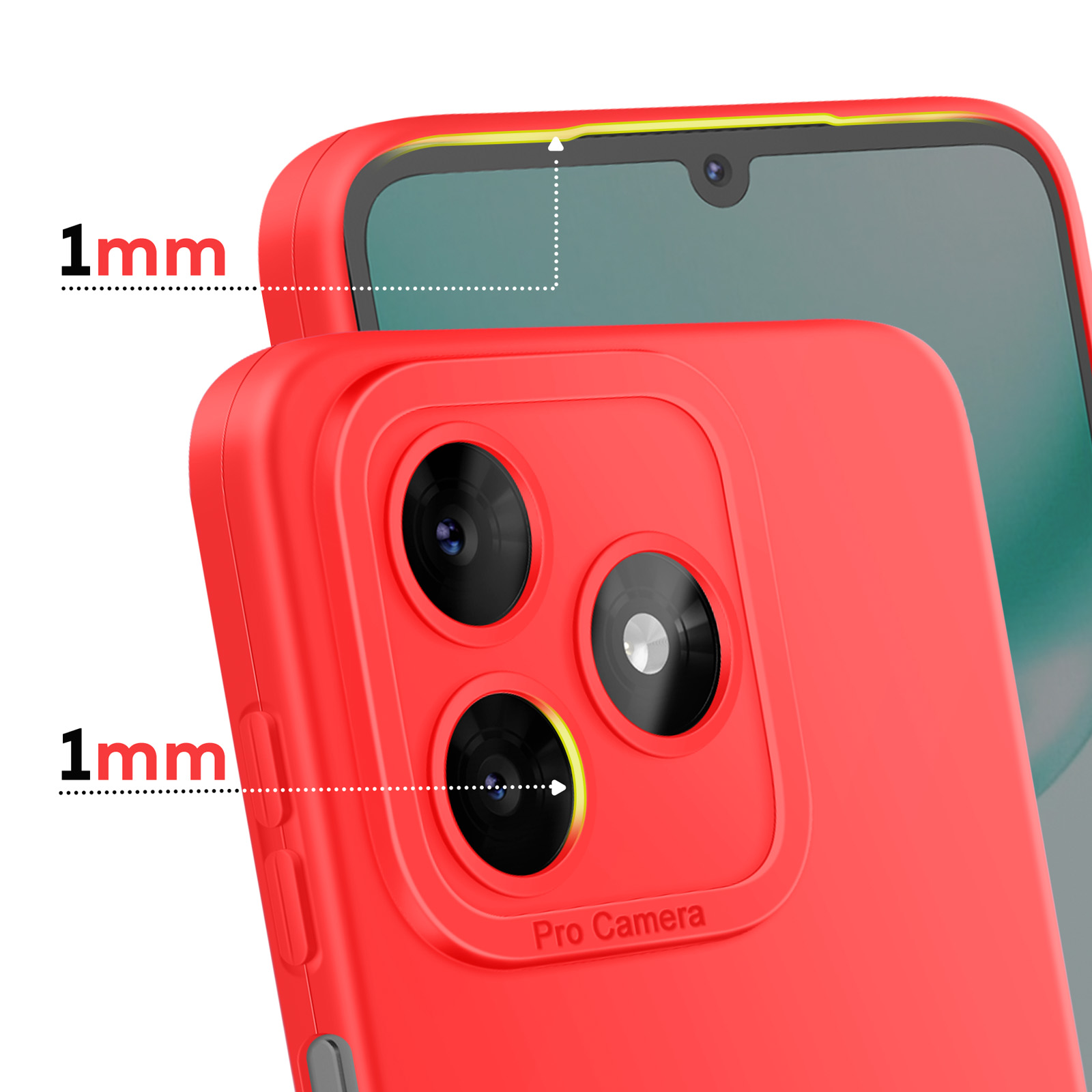 Rode telefoonhoes met cameralenzen en een 1 mm verhoogde rand.