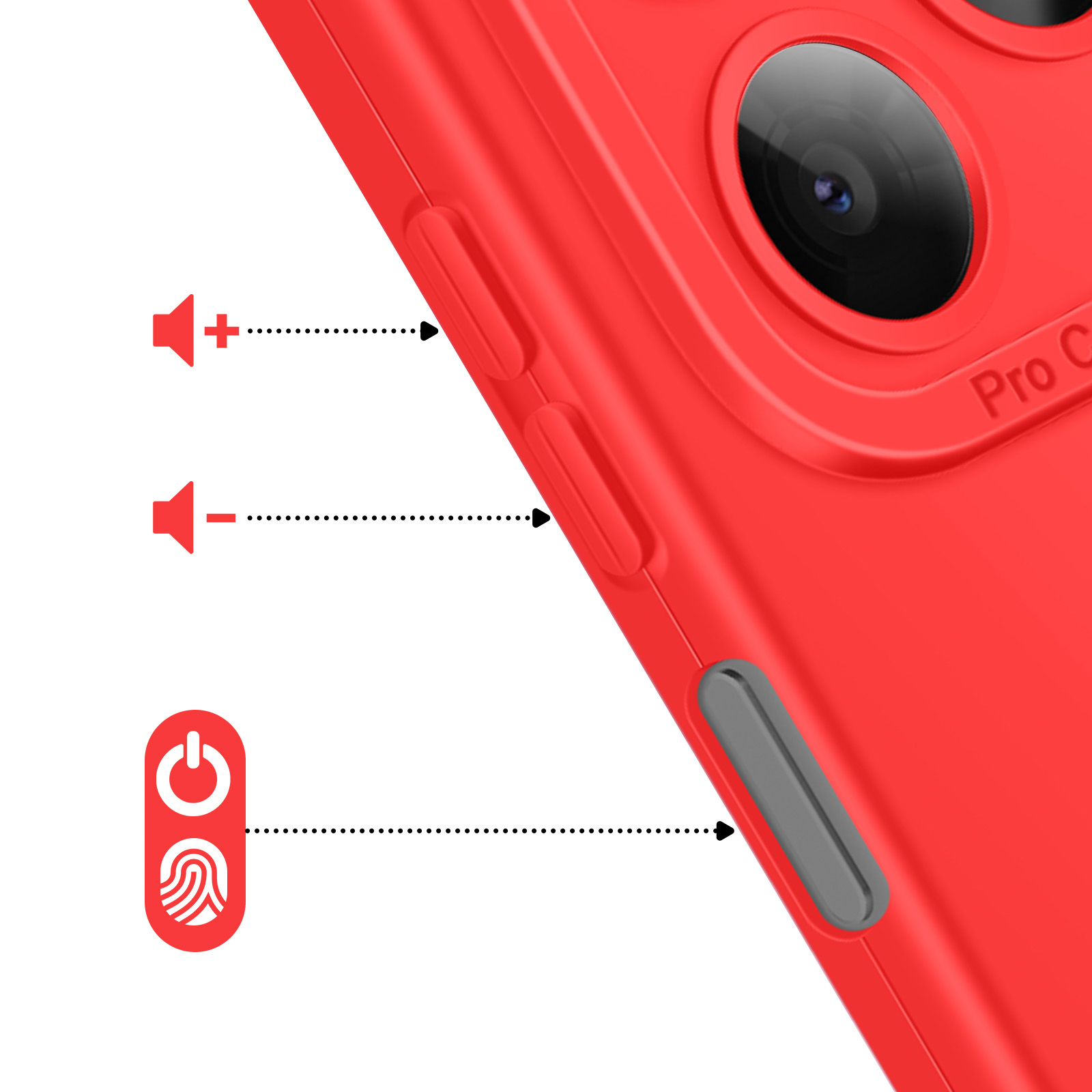 Rode telefoonhoes close-up toont volumeknoppen en vingerafdruksensor.