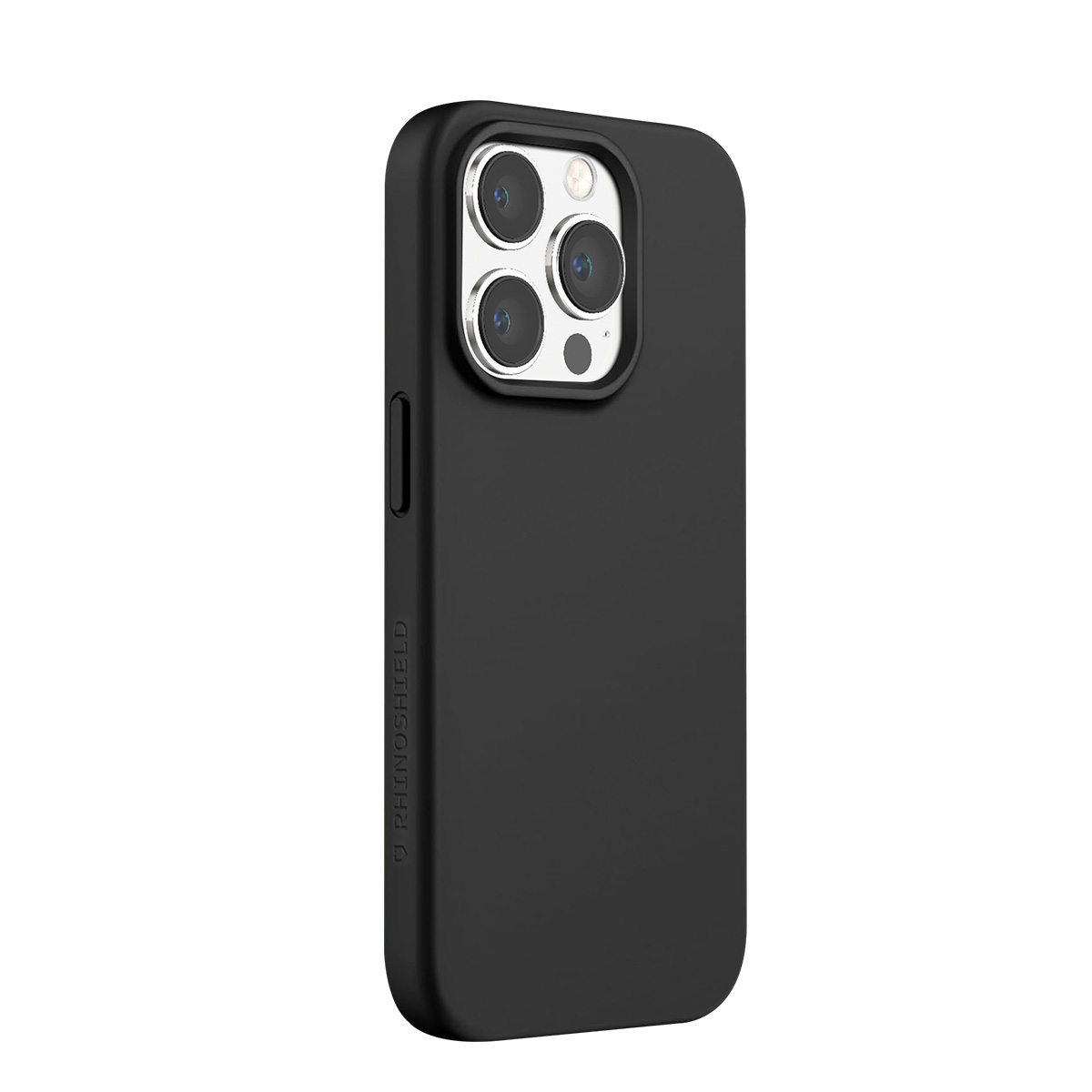 Custodia nera per telefono con ritaglio fotocamera e logo laterale.