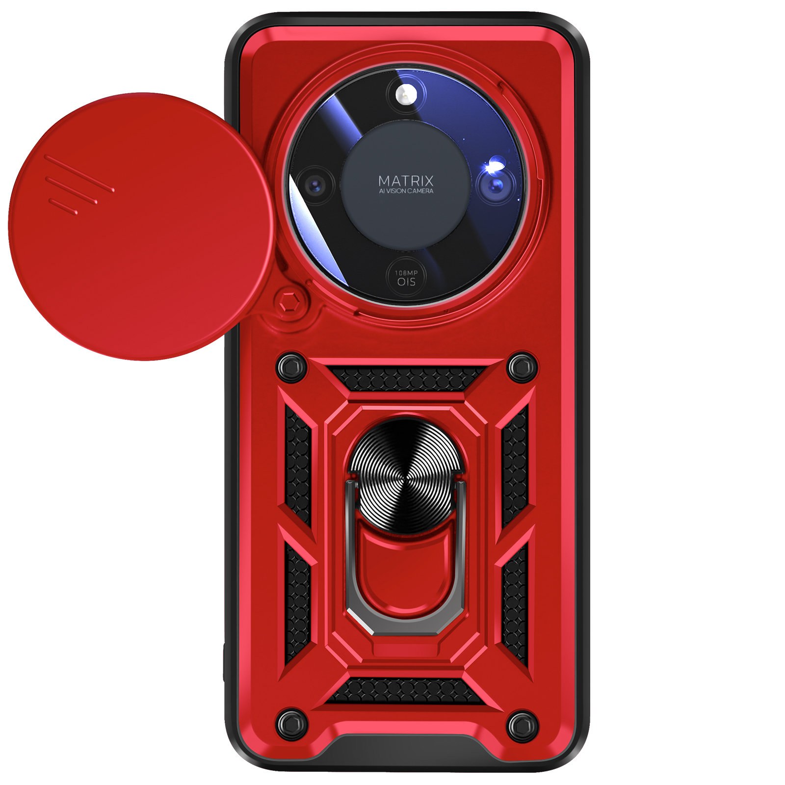 Rode telefoonhoes met camerabescherming en ringhouder.