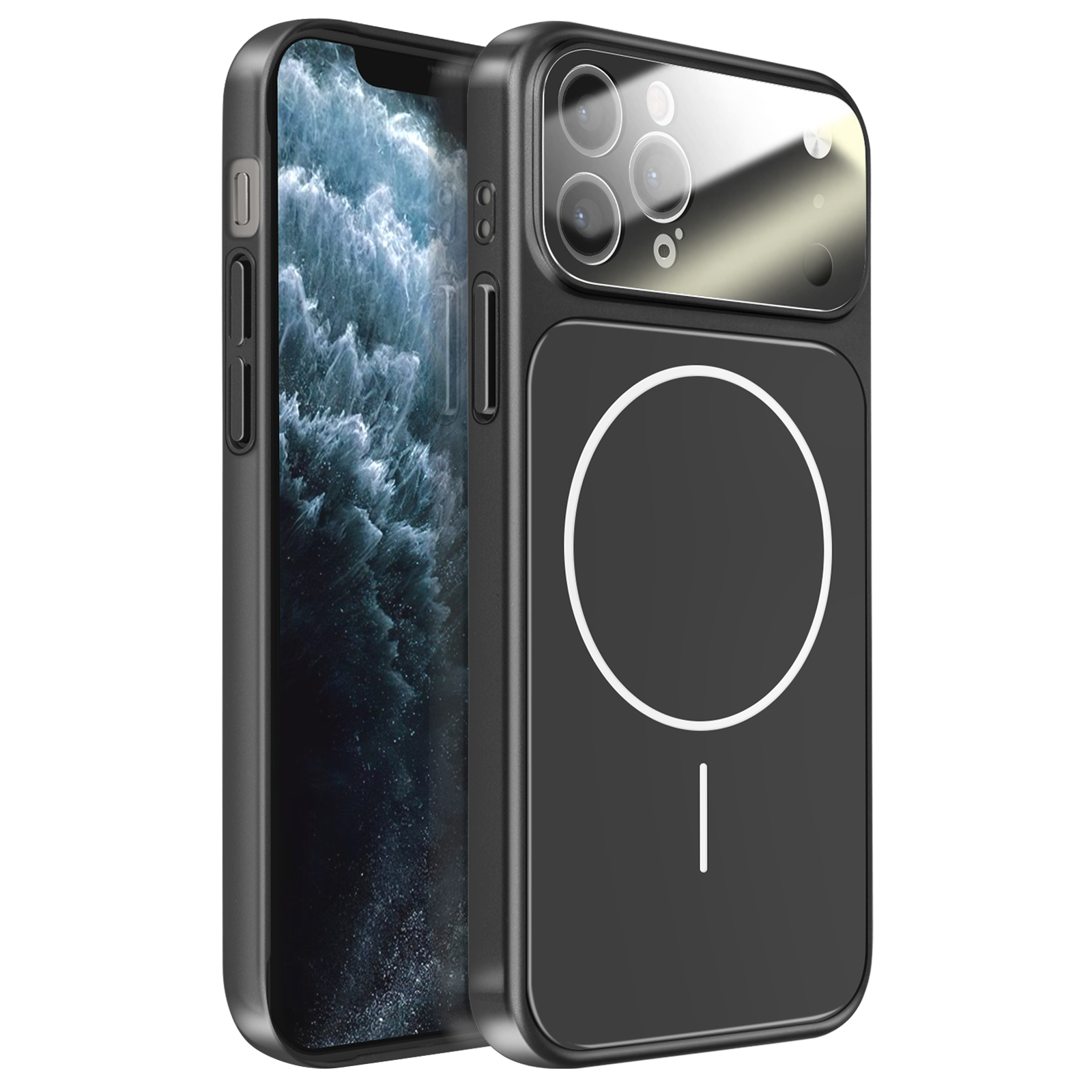Un iPhone noir avec un étui style MagSafe orné d'un motif cercle et ligne au dos.