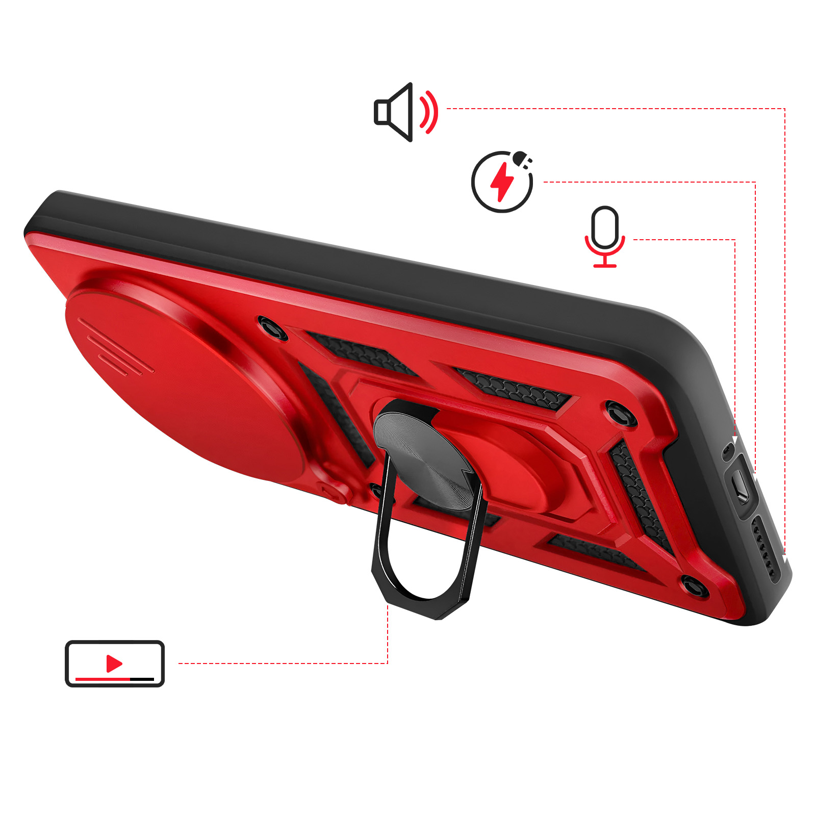 Rode telefoonhoes met ringhouder en iconen voor geluid, opladen en microfoon.