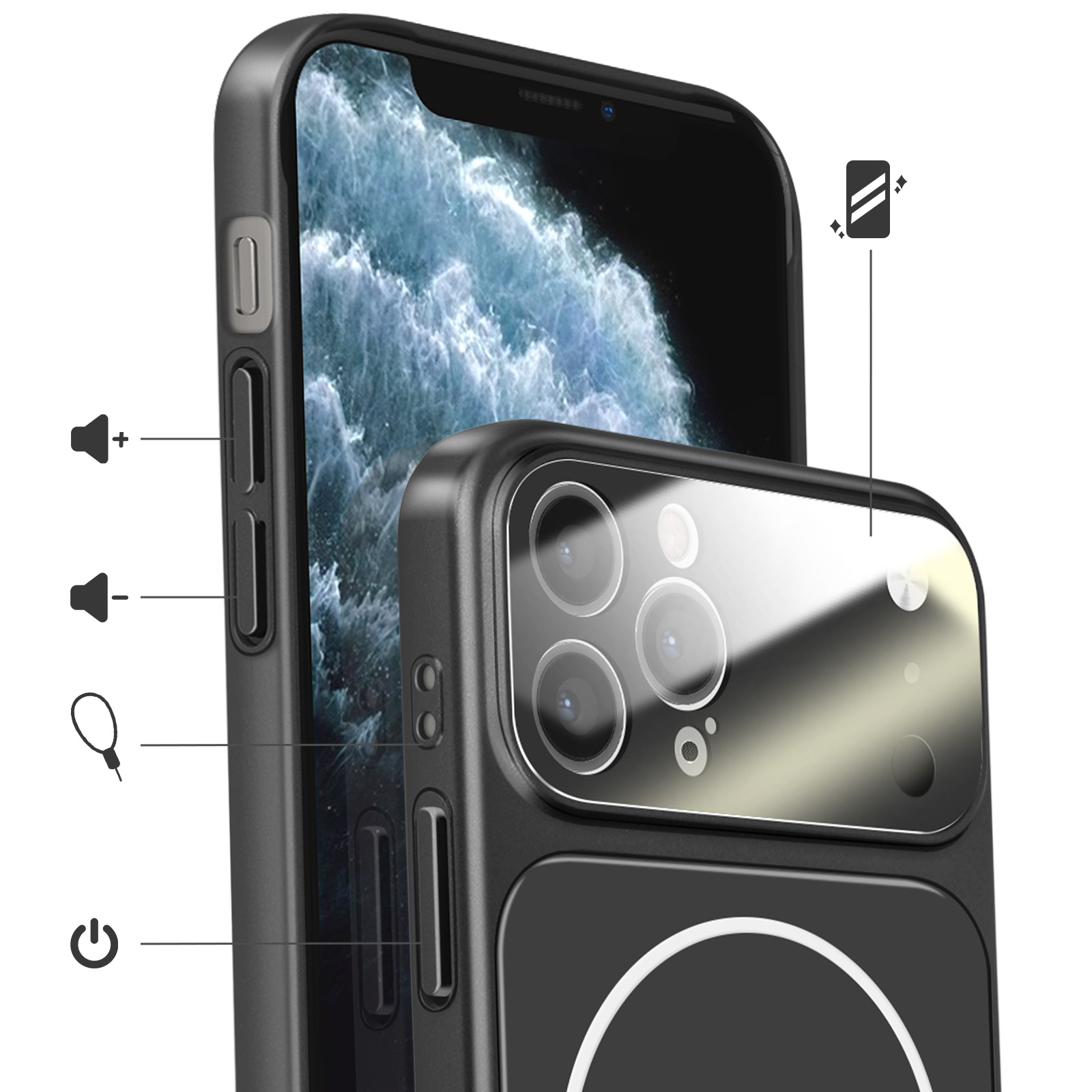 Une coque d'iPhone noire avec module caméra et boutons latéraux.