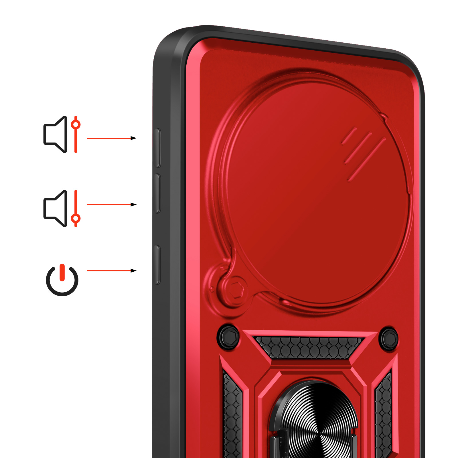 Rode telefoonhoes met volume- en aan/uit-knopiconen.