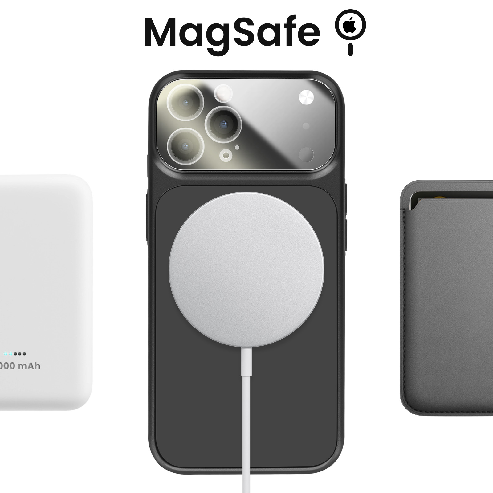 Logo MagSafe avec iPhone, batterie blanche et étui gris.