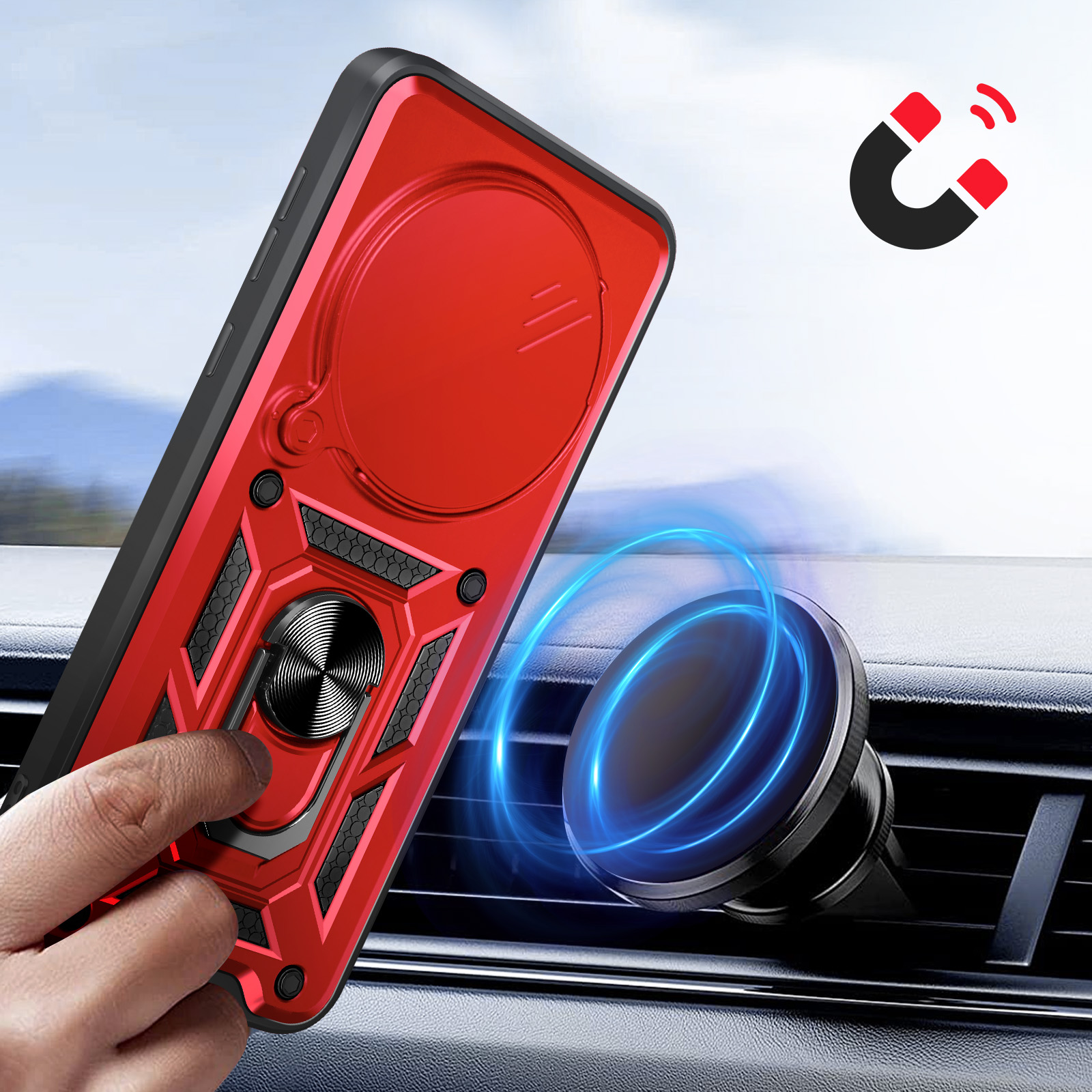 Rode telefoonhoes met ringhouder en magnetische bevestiging in een auto-air vent.