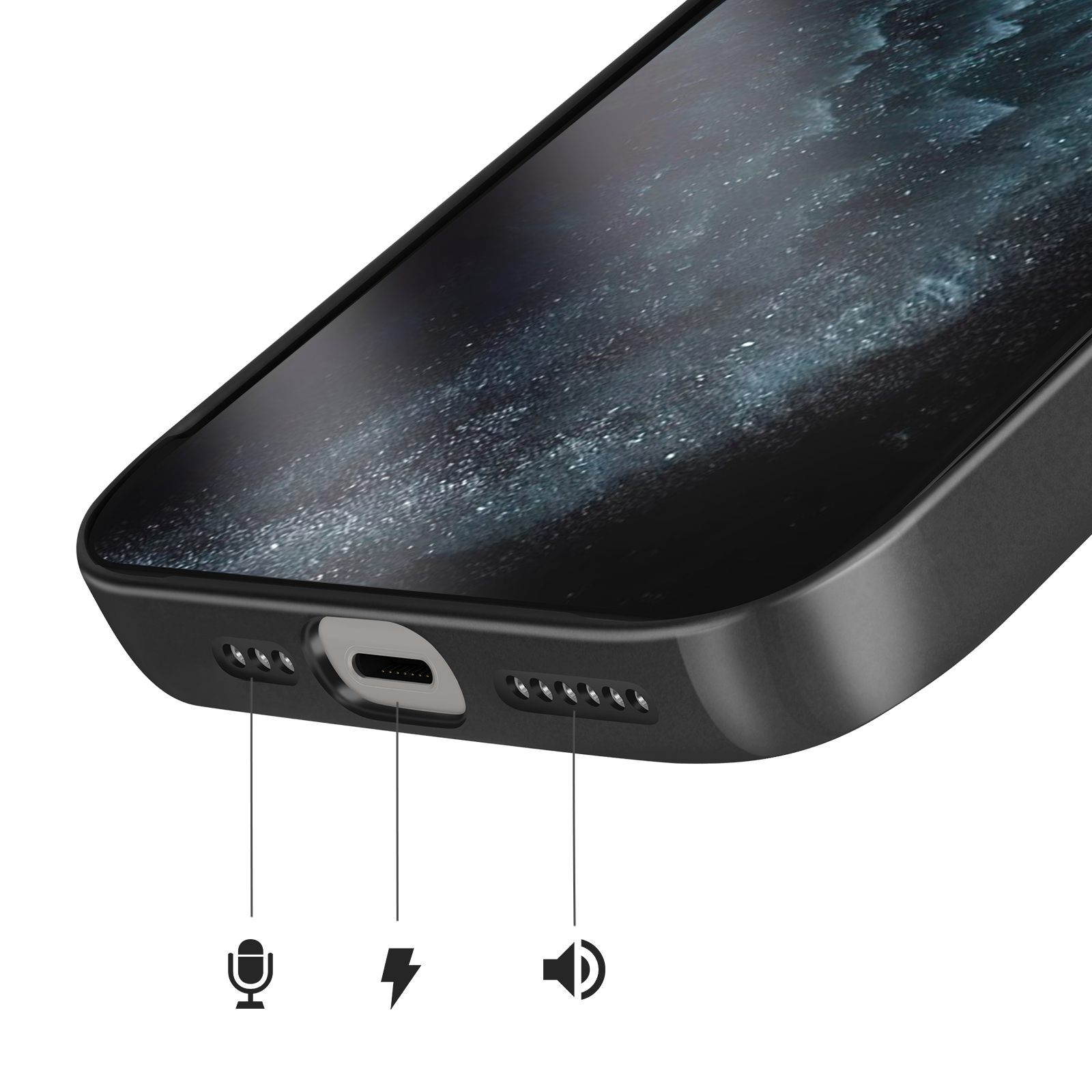 Gros plan d'une coque de smartphone noire montrant le port de charge et les grilles.