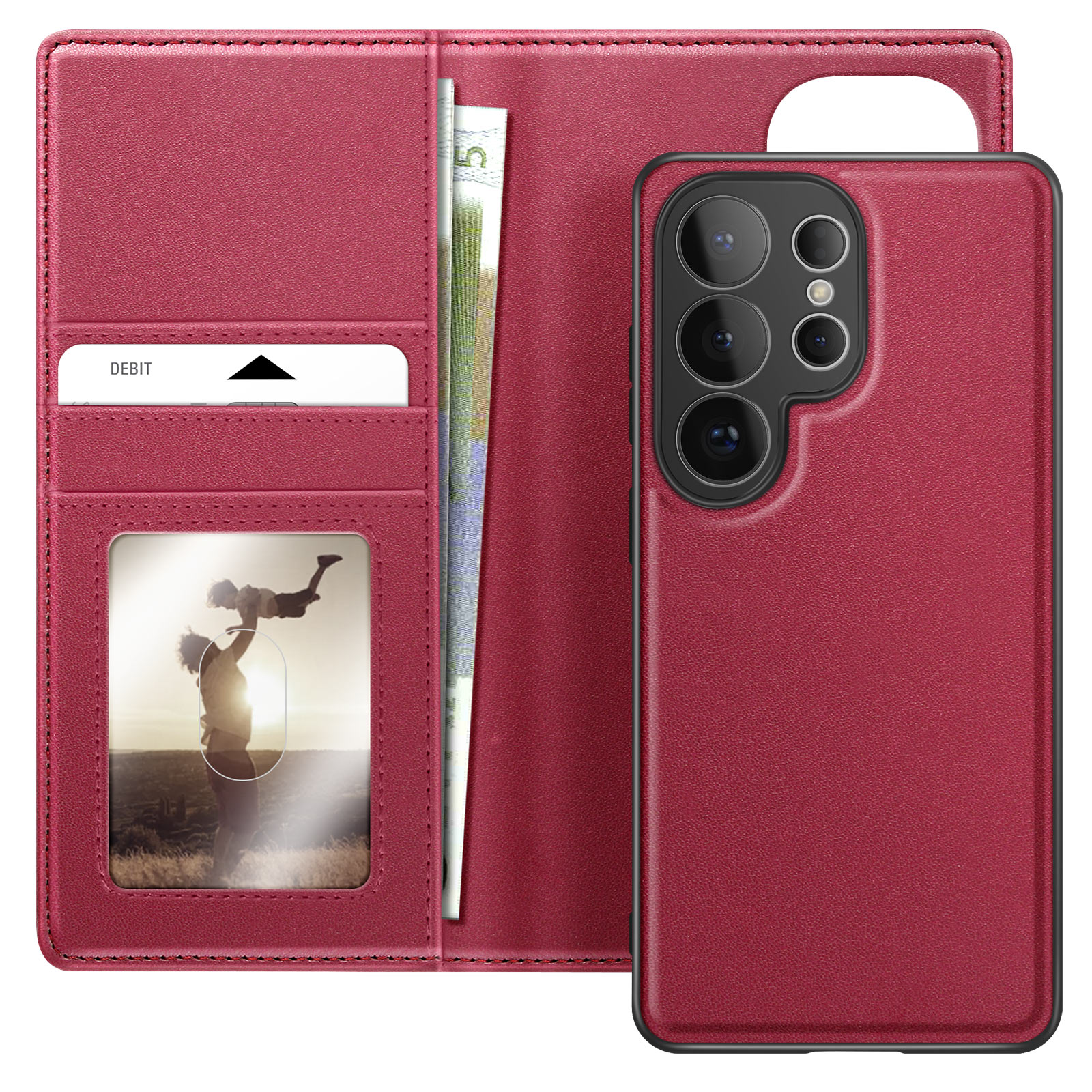 Custodia rossa in pelle per telefono con slot per carte, soldi e foto. Uno smartphone accanto.
