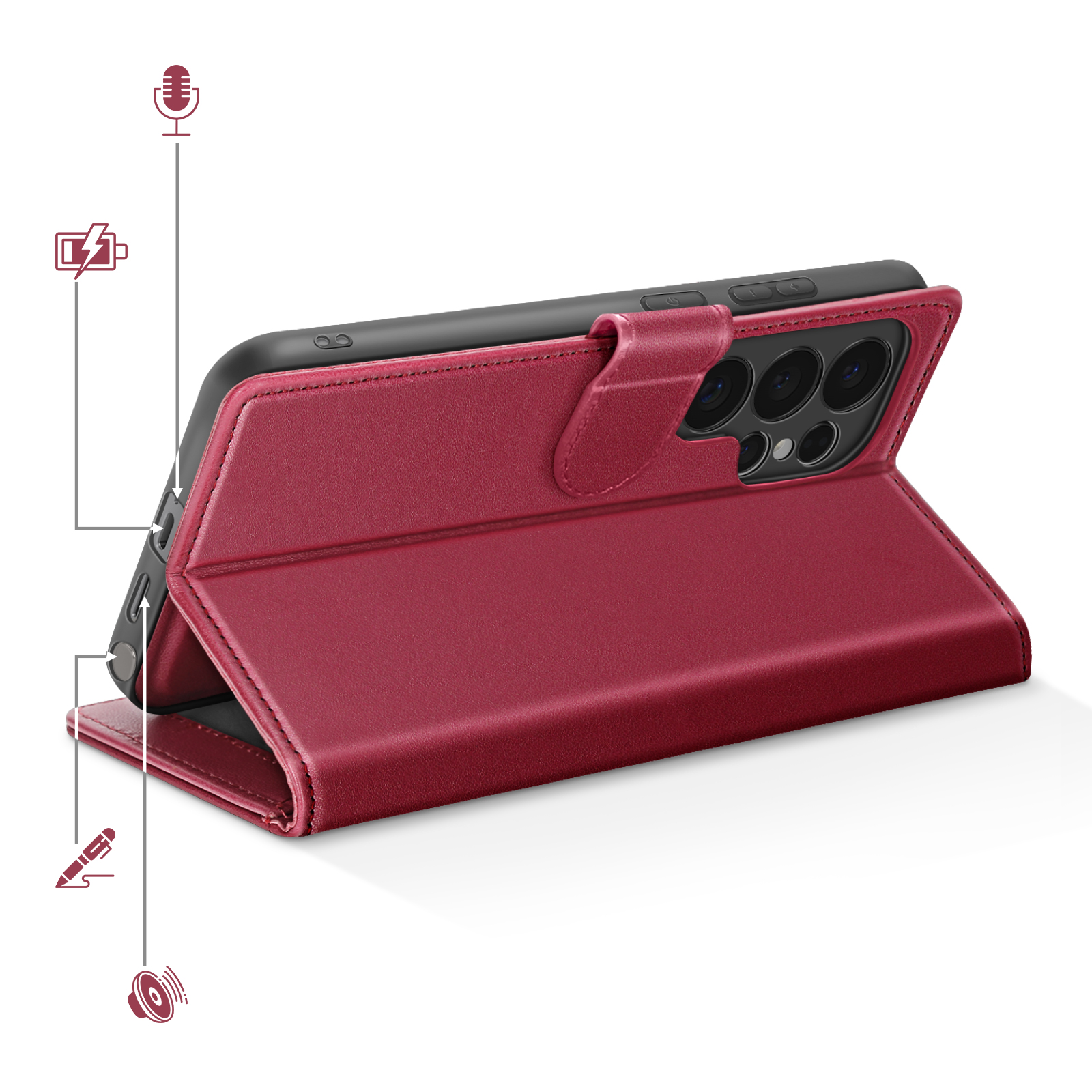 Custodia rossa per telefono con protezione fotocamera, porta stilo e ricarica.
