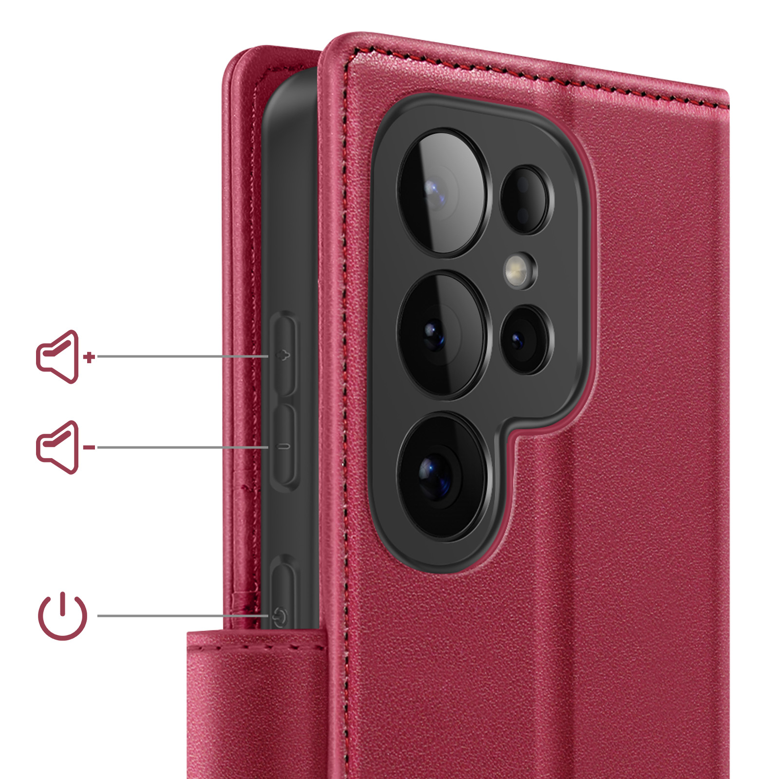 Custodia in pelle rossa che mostra fotocamera, volume e pulsanti di accensione.