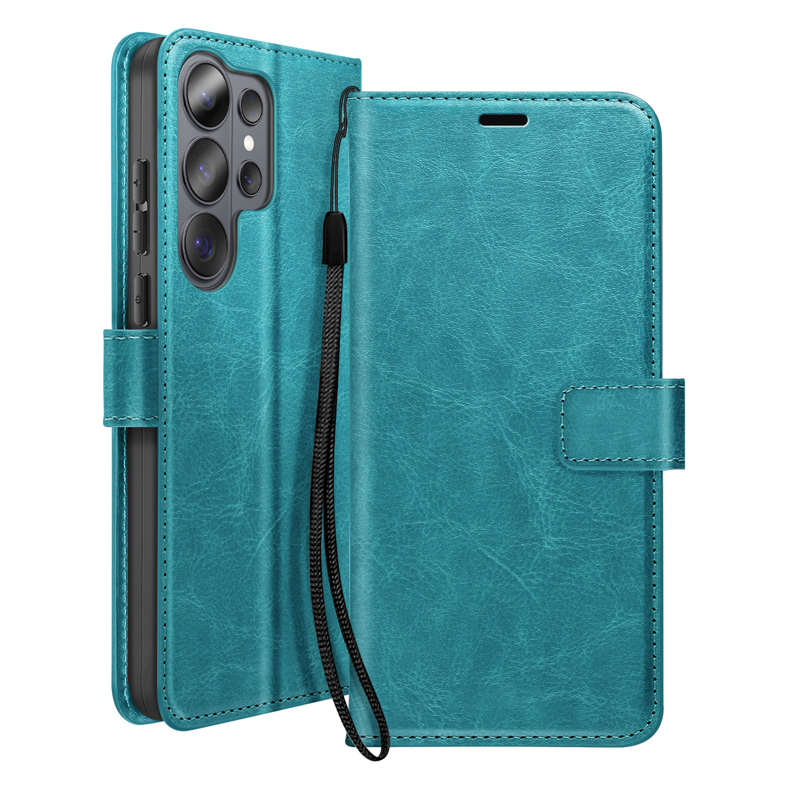 Coque de téléphone turquoise avec système caméra et dragonne.