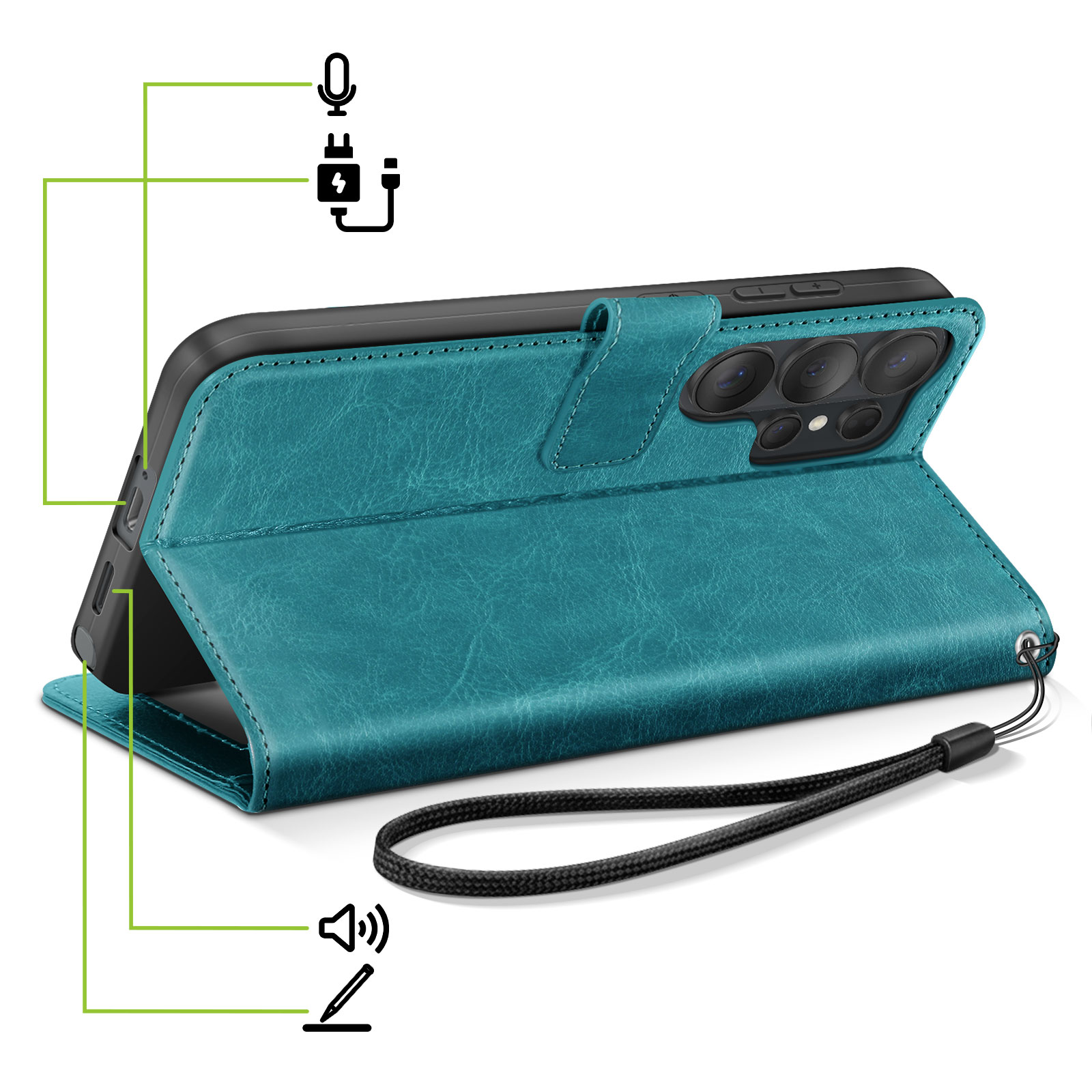 Étui de téléphone à rabat turquoise ouvert, montrant les caméras et la dragonne.