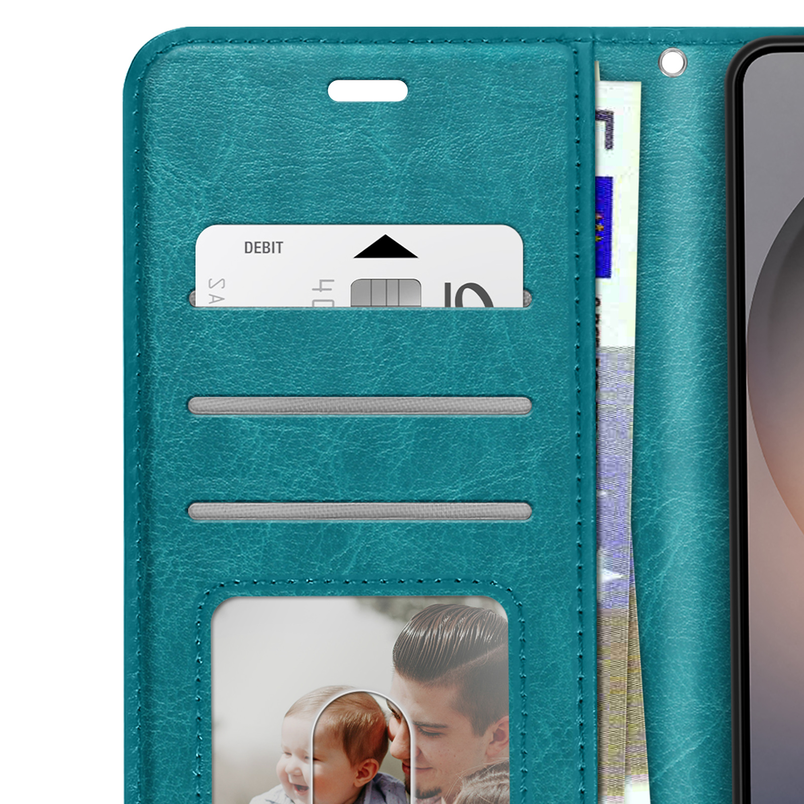 Étui de téléphone turquoise avec fentes pour cartes, monnaie et photo.