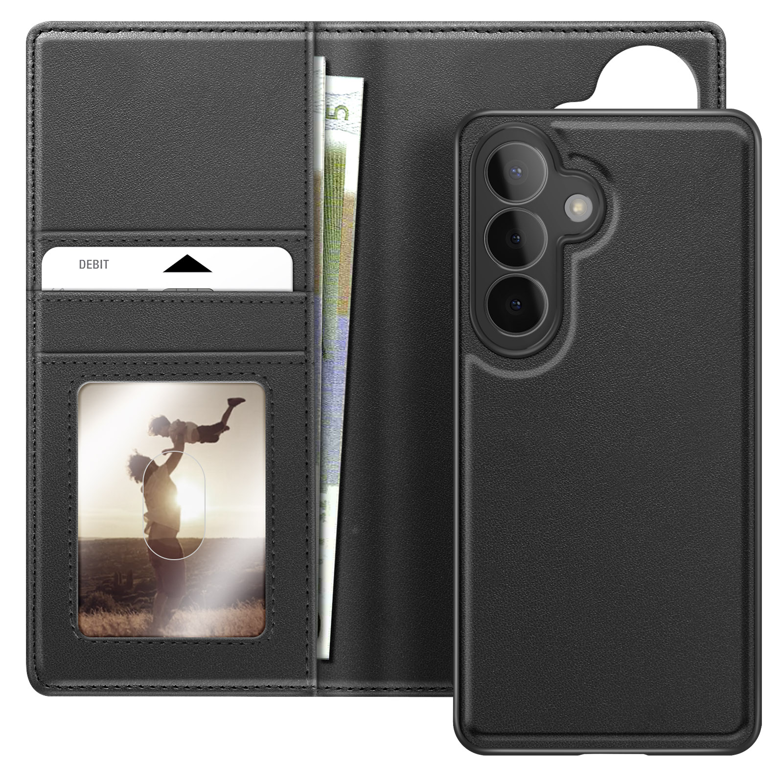 Zwarte lederen telefoonhoes met kaartsleuven, bankbiljetten en foto van vader met kind.