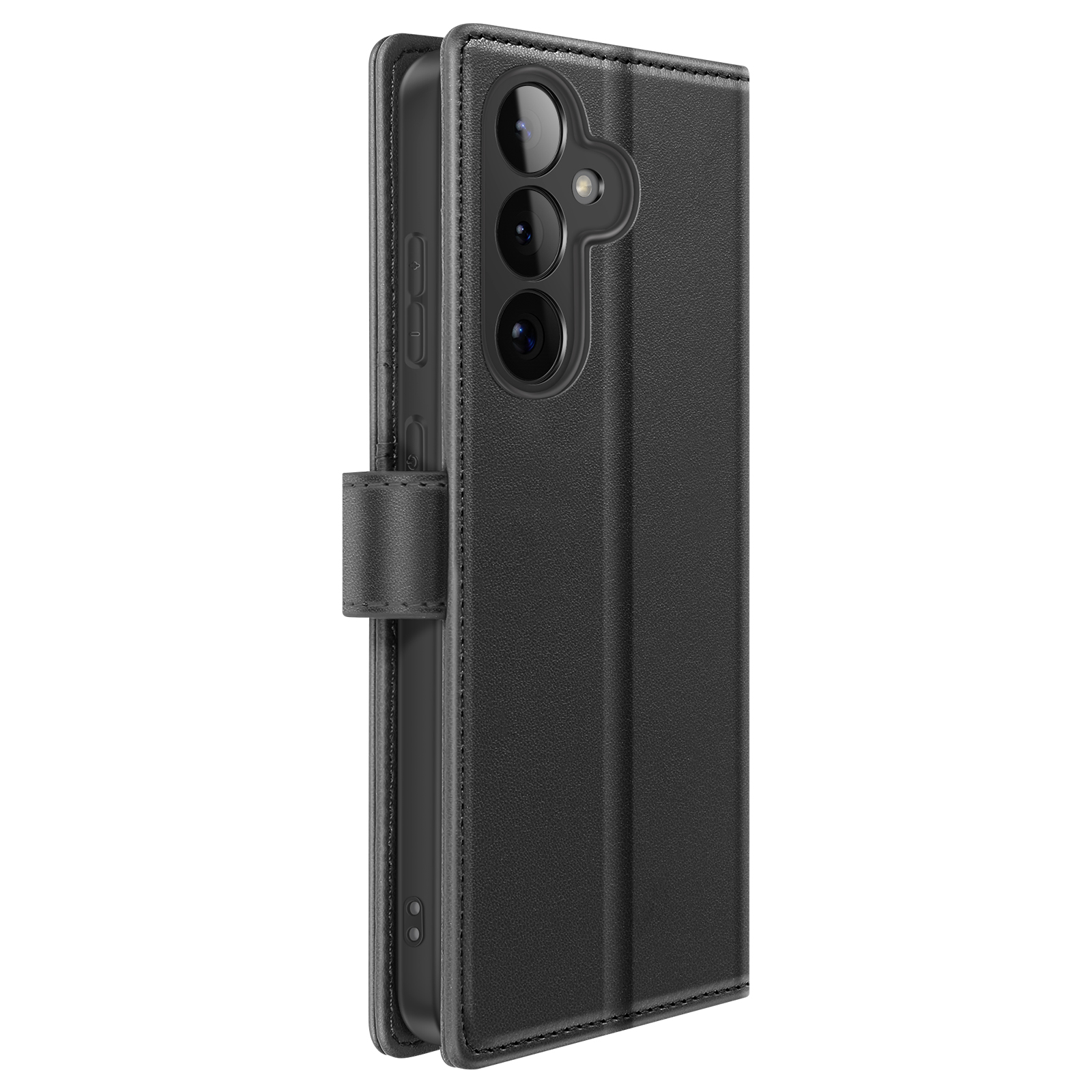 Zwarte leren flip telefoonhoes met drie camera's en zijknopjes.
