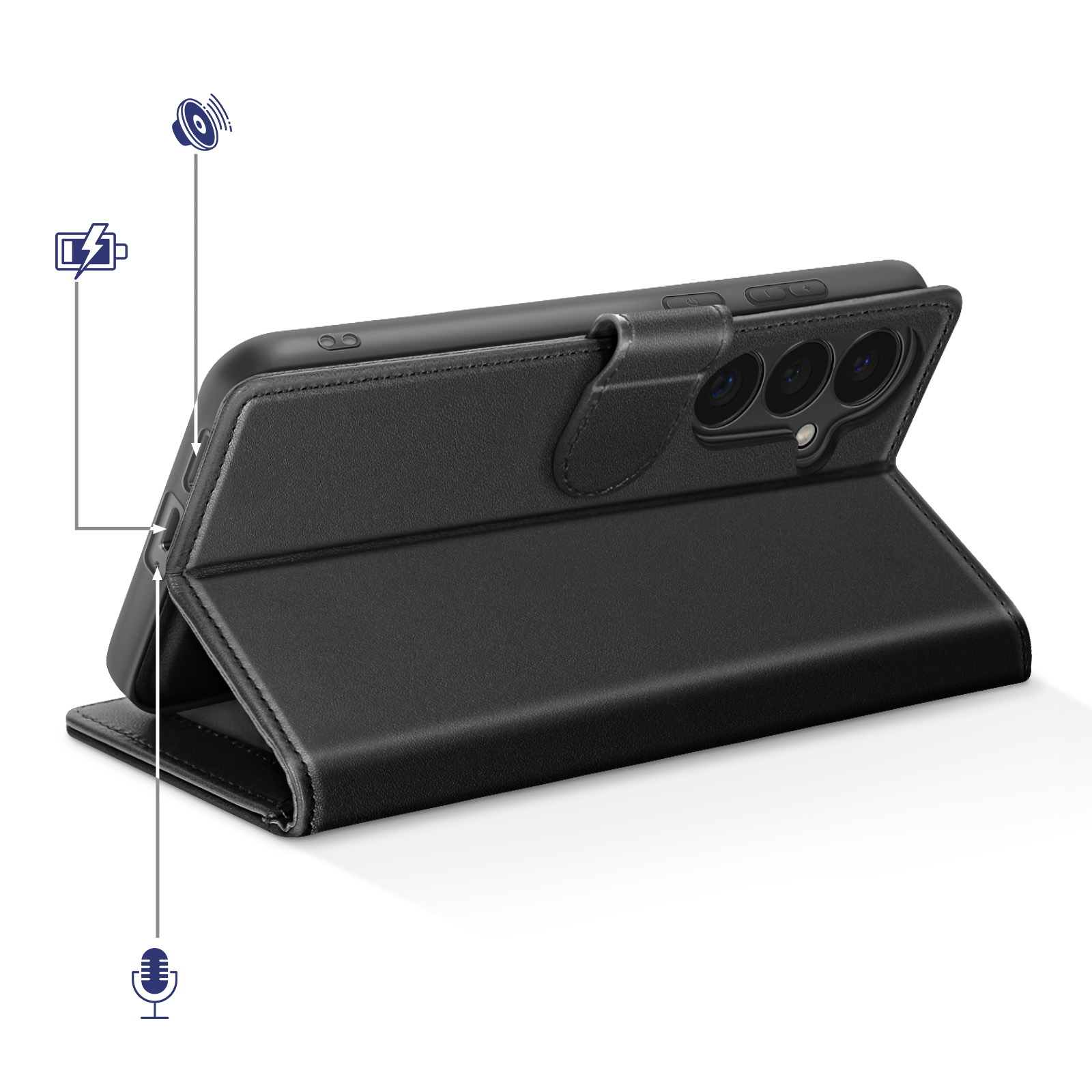 Zwart smartphone flipcase met drie camera's en iconen voor geluid en microfoon.