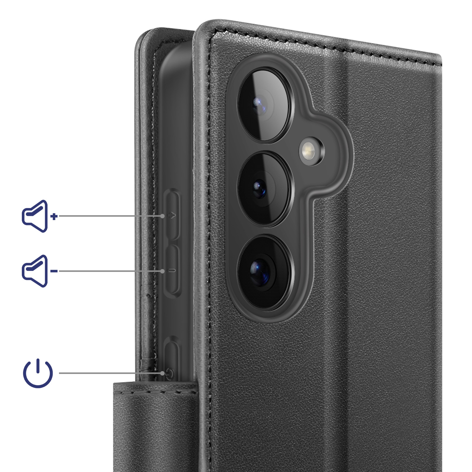 Zwarte telefoon met drie camera's en hoes. Volume- en aan/uit-knoppen.
