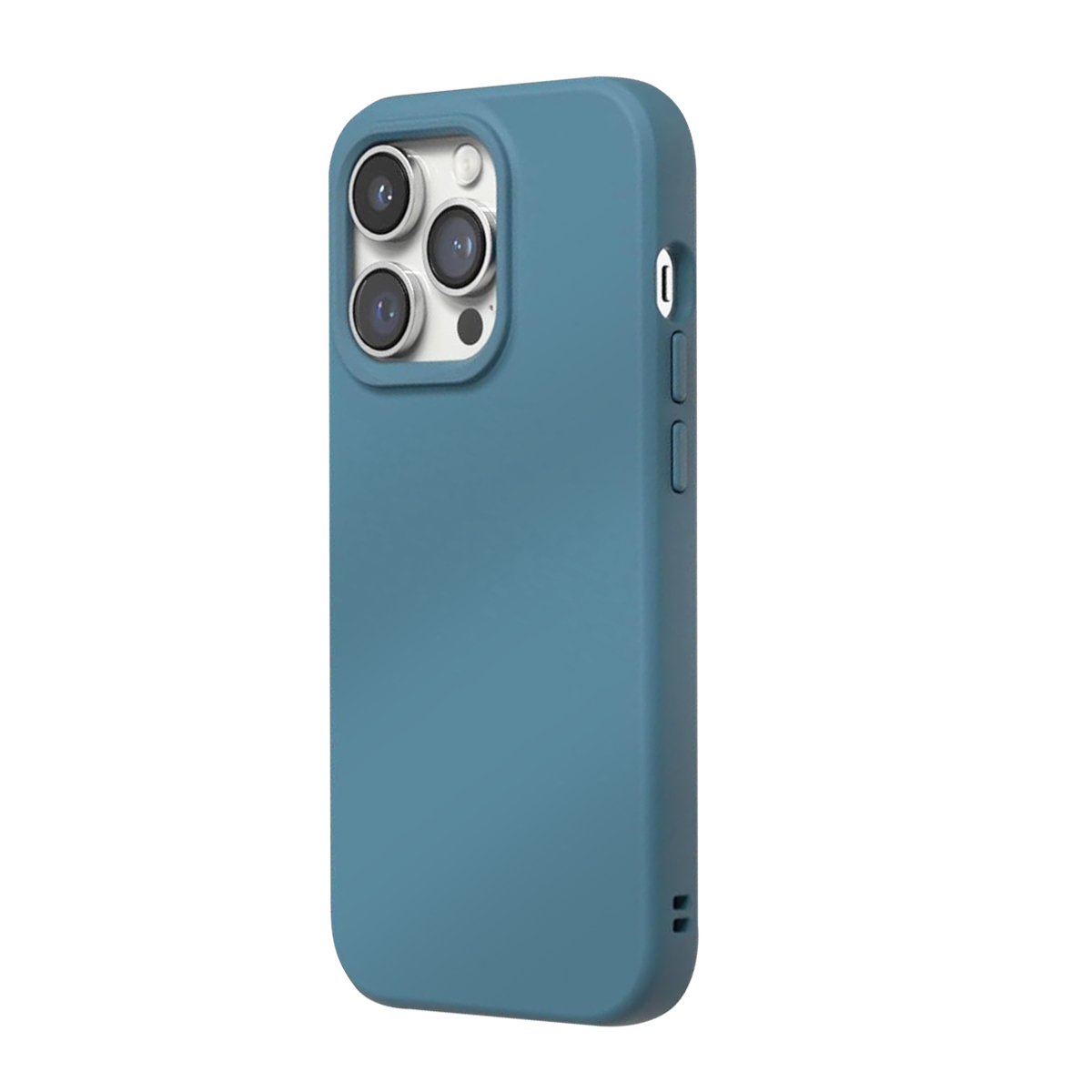 Custodia per telefono blu con tripla fotocamera, pulsanti laterali e prese d'aria.