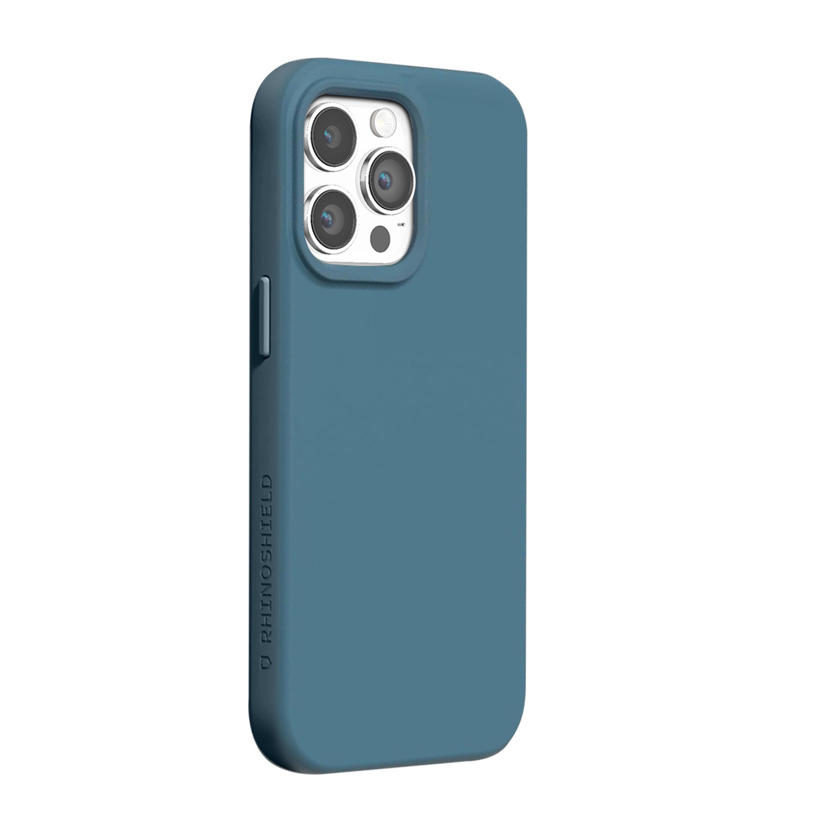 Custodia blu per telefono con ritaglio fotocamera e logo su sfondo bianco.